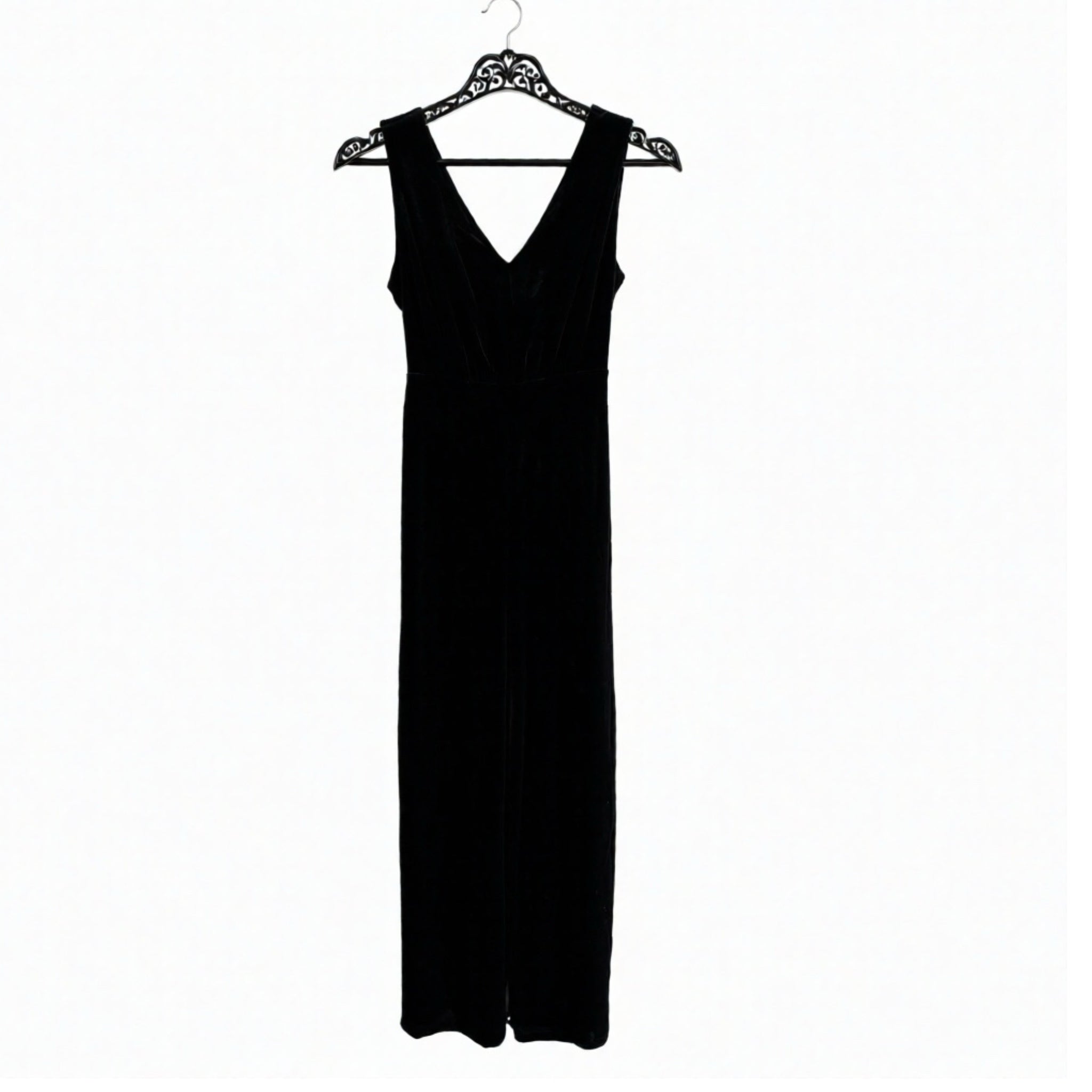 Black Velvet Cocktail Party Jumpsuit Sleeveless Double V Wide Leg Design