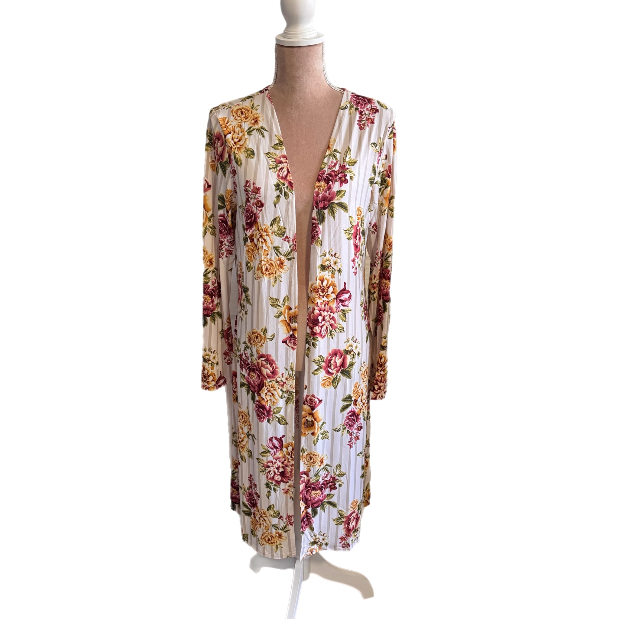 Boho-Chic Floral Stripe Longline Kimono Duster