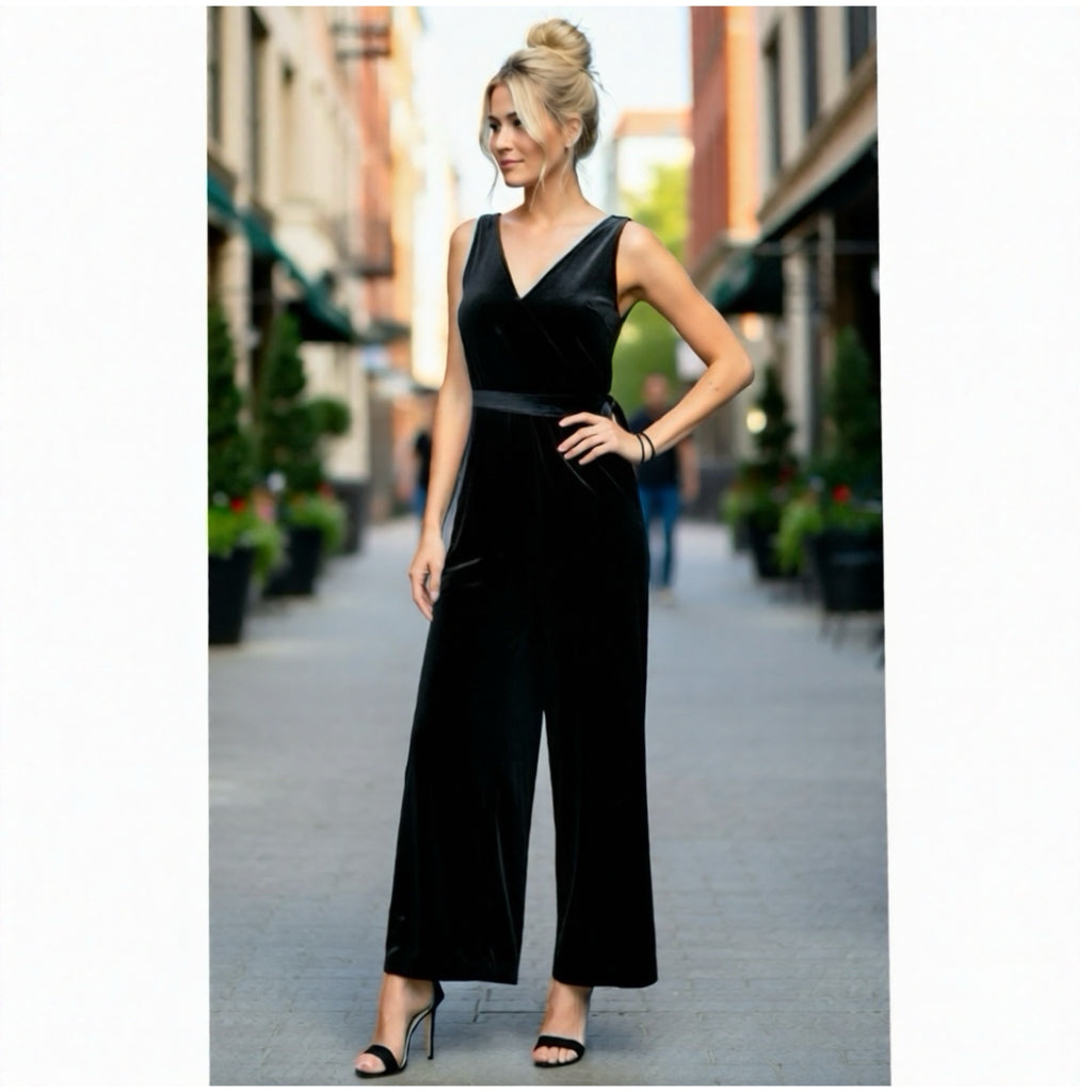 Black Velvet Cocktail Party Jumpsuit Sleeveless Double V Wide Leg Design