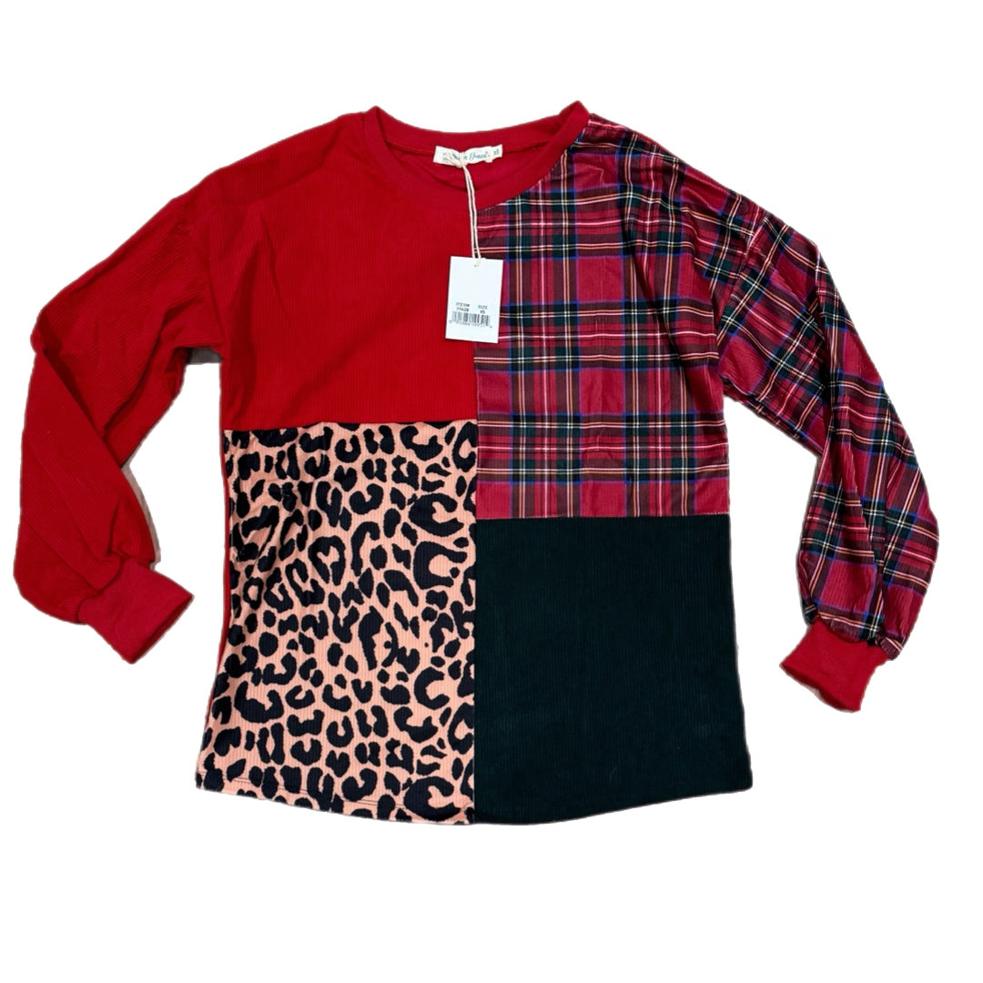 SOUTHERN GRACE Holiday Fusion Patchwork Blouse Animal Plaid in Red