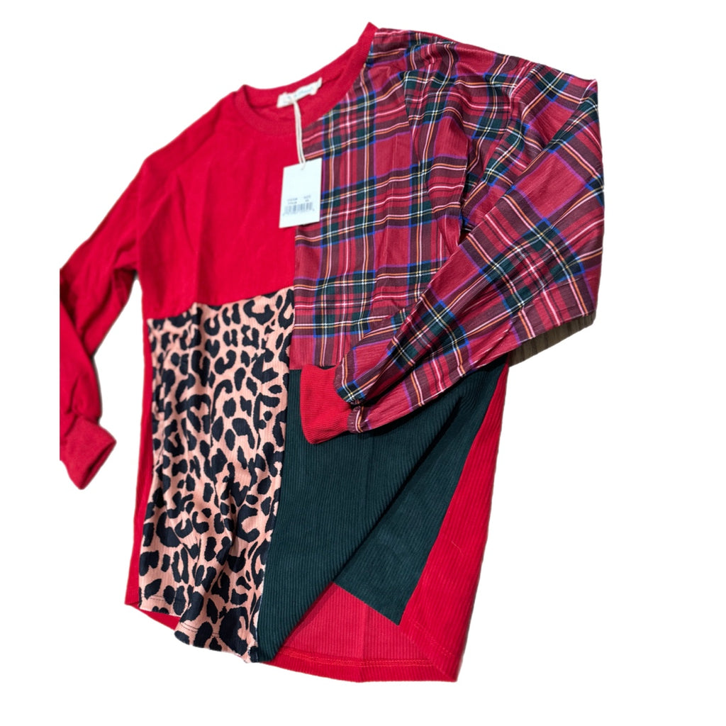 SOUTHERN GRACE Holiday Fusion Patchwork Blouse Animal Plaid in Red