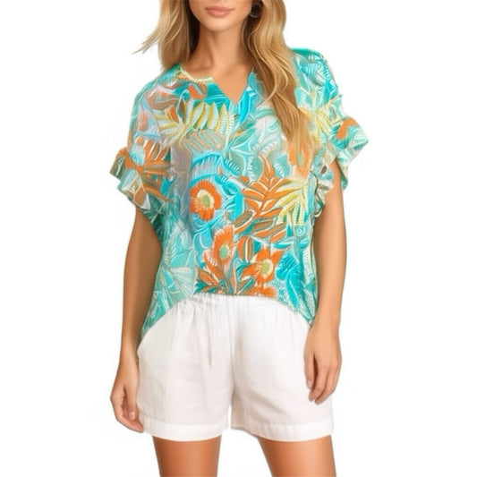 RUBY RD Tropical Floral Short Sleeve Blouse Flutter Sleeve Split Neck Top