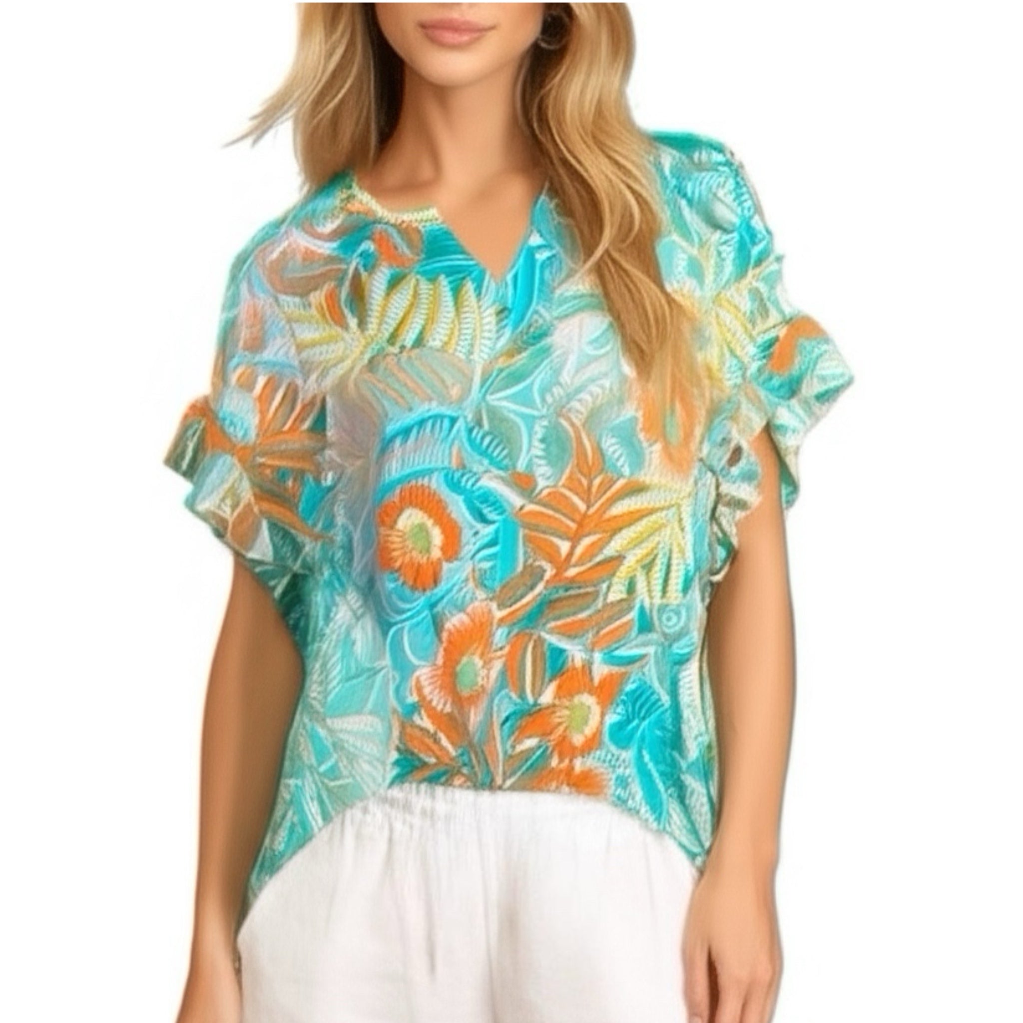 RUBY RD Tropical Floral Short Sleeve Blouse Flutter Sleeve Split Neck Top