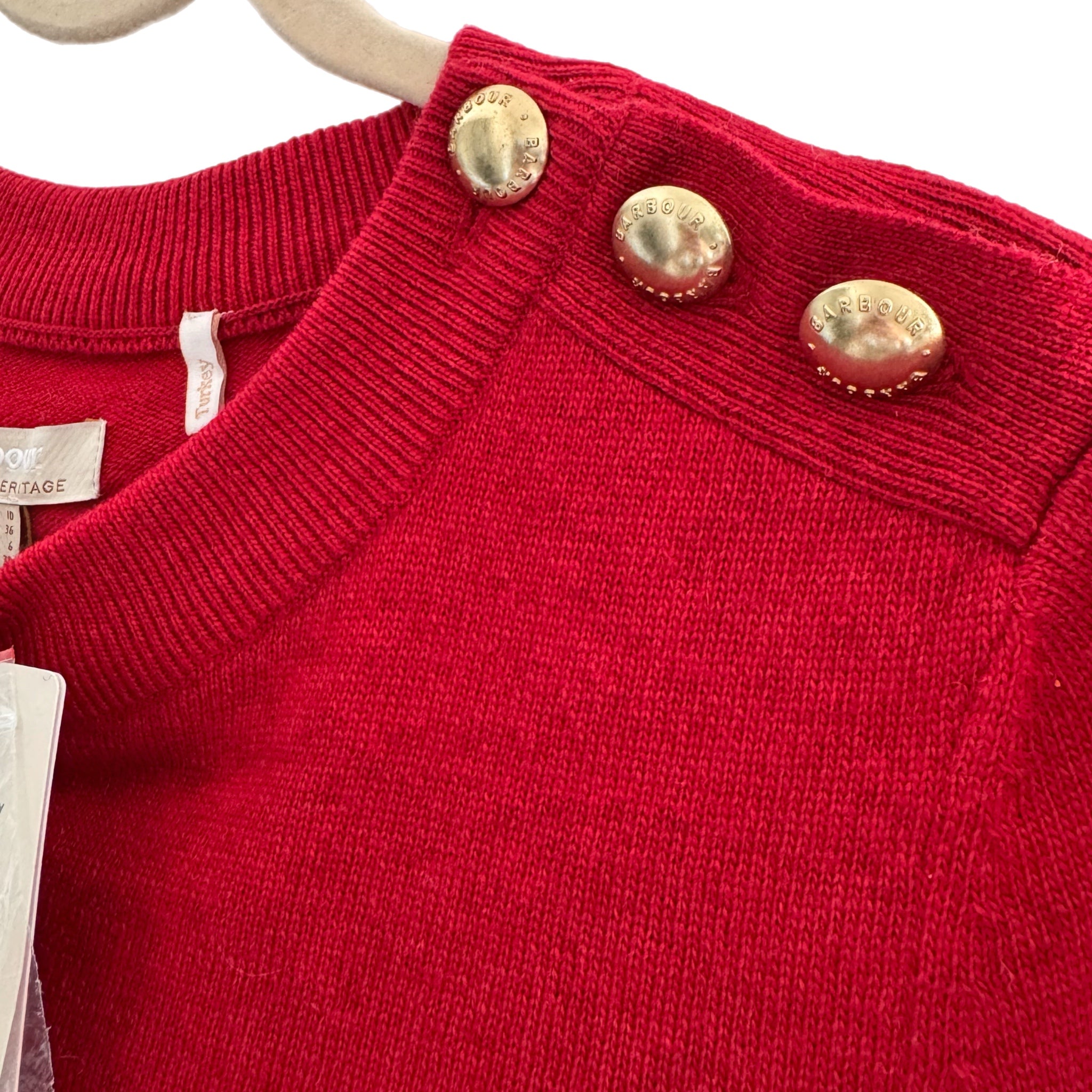 BARBOUR Modern Heritage Sweater Wool Cashmere Red Knit Gold Buttons