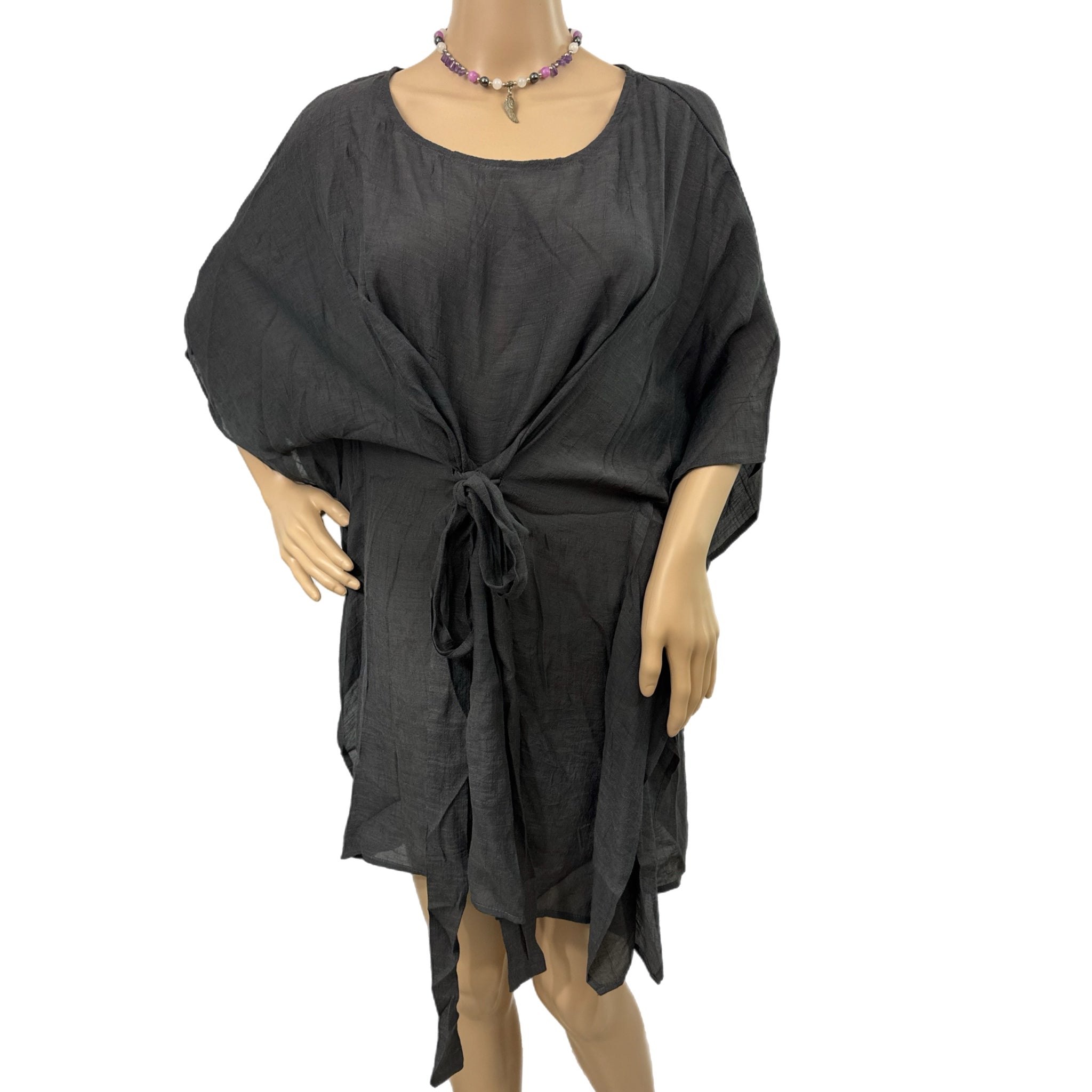 Beach Day Swim Suit Cover Up Lightweight Woven Tie Waist Charcoal Black