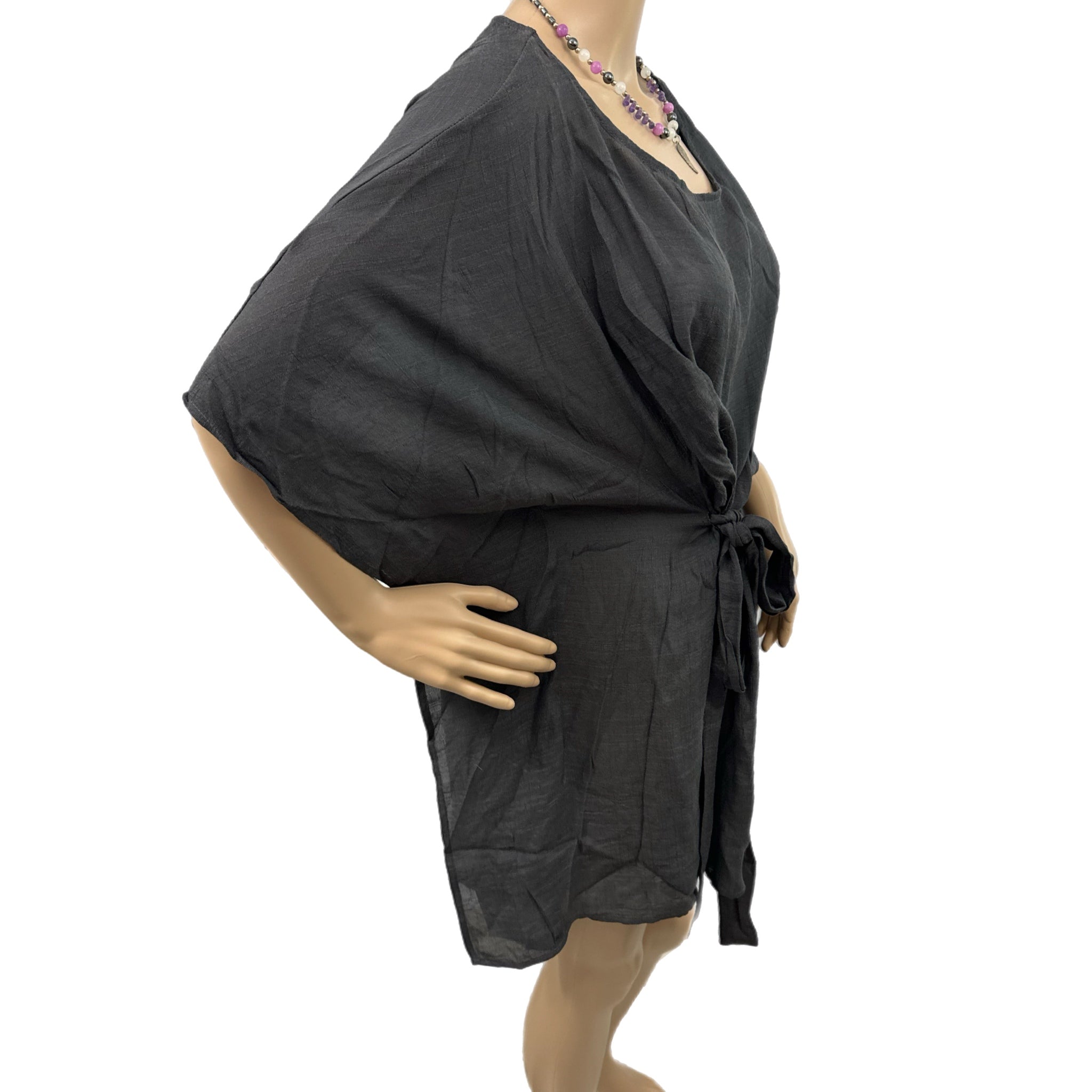Beach Day Swim Suit Cover Up Lightweight Woven Tie Waist Charcoal Black