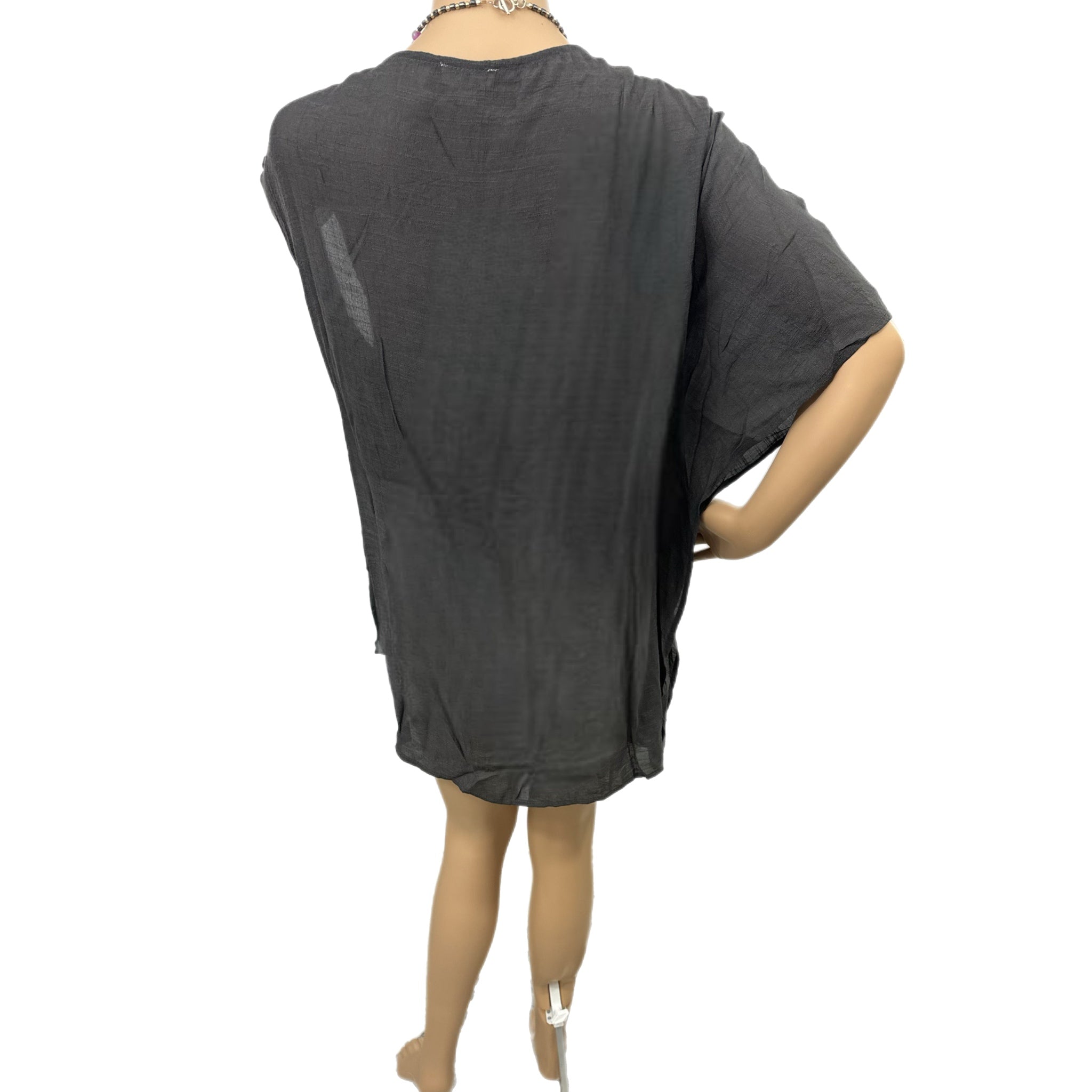 Beach Day Swim Suit Cover Up Lightweight Woven Tie Waist Charcoal Black