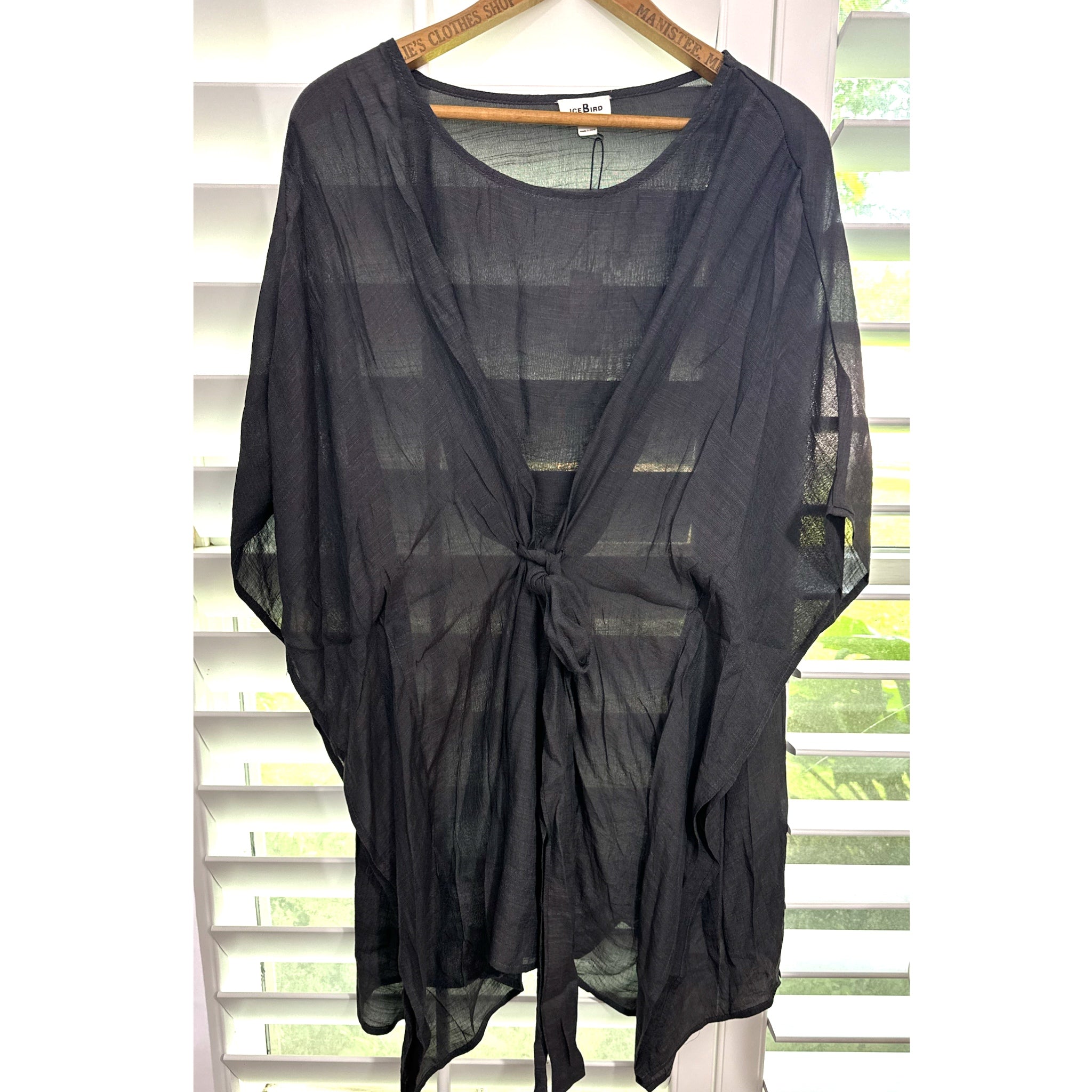 Beach Day Swim Suit Cover Up Lightweight Woven Tie Waist Charcoal Black