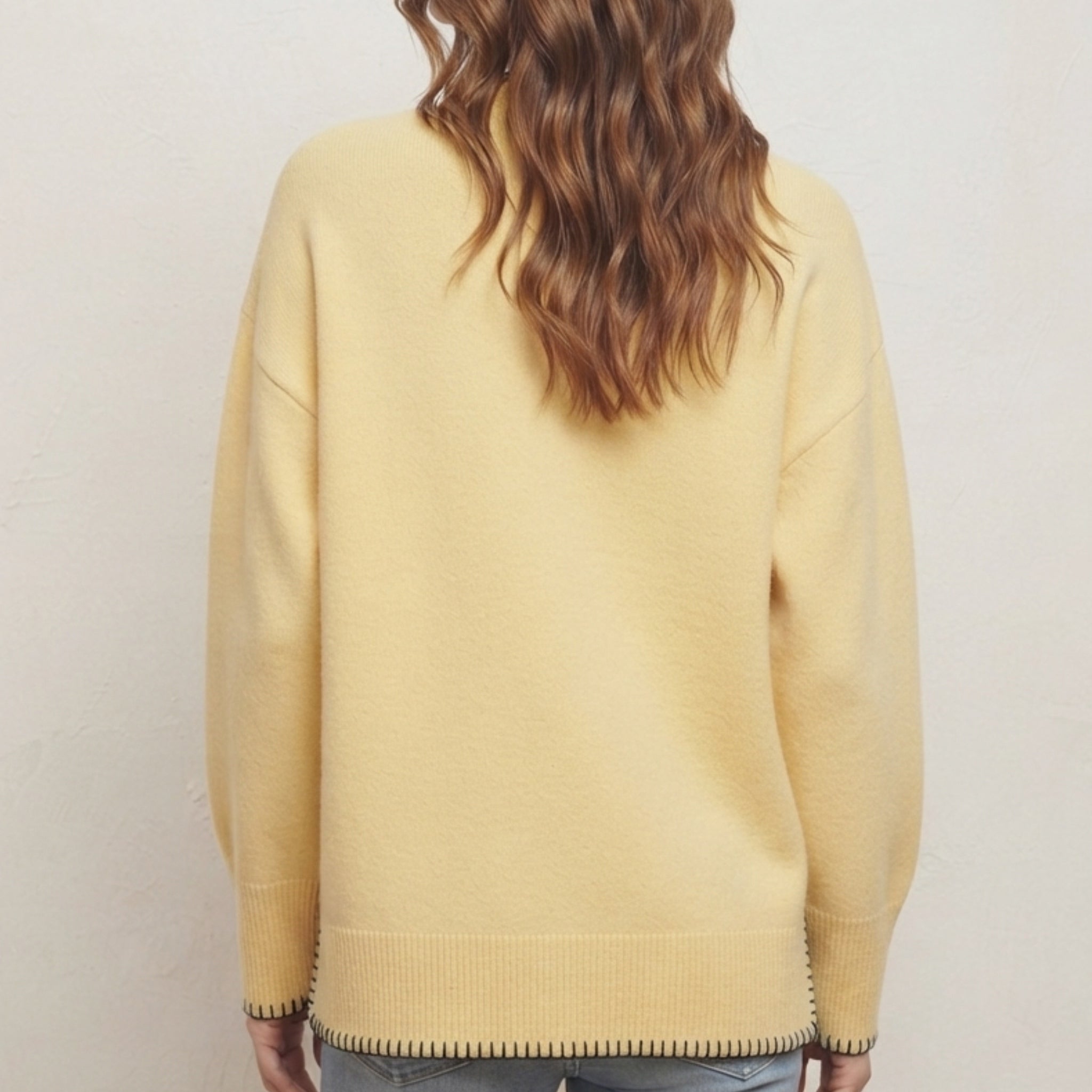 La Miel Oversized Contrast Stitch Crewneck Sweater in Yellow