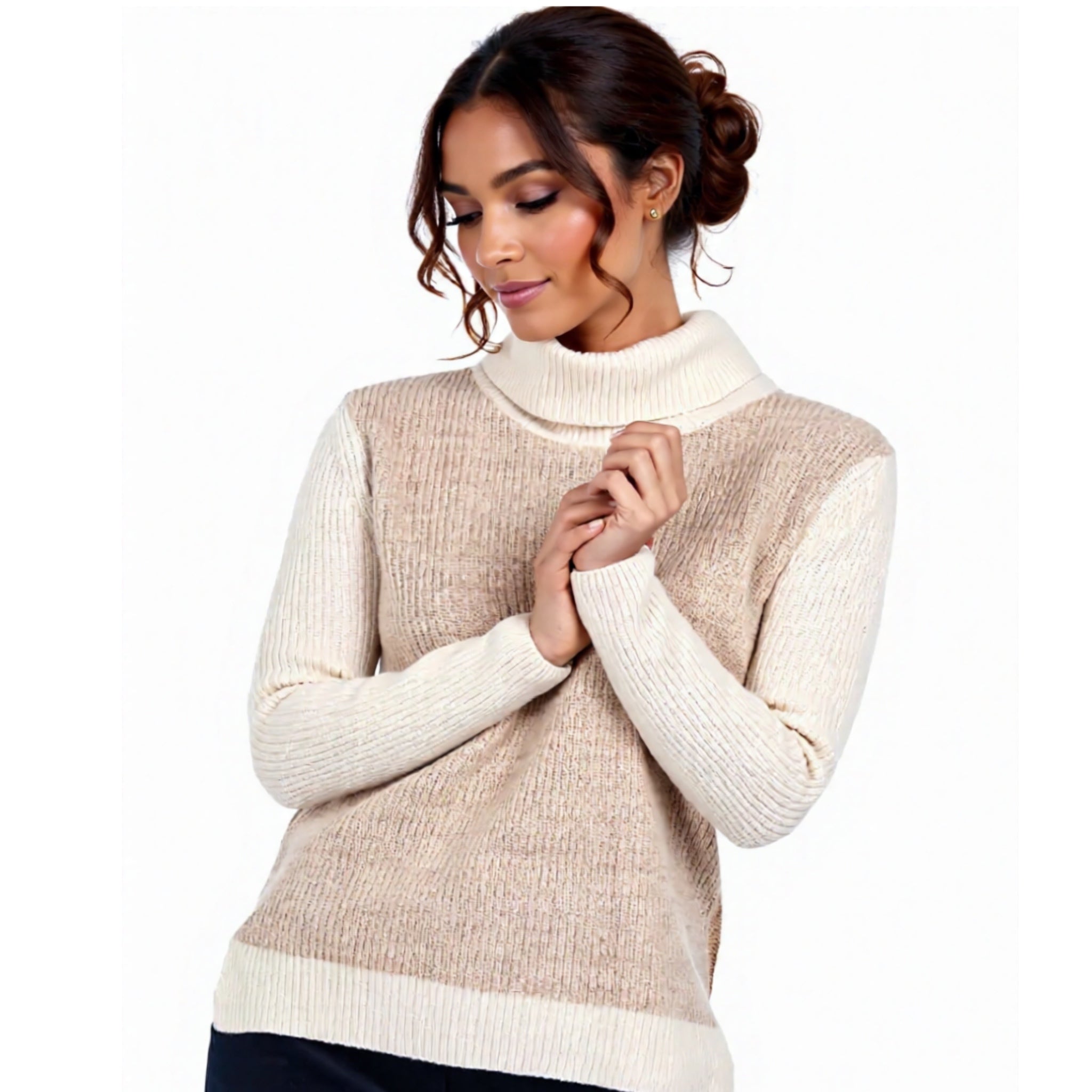 BARBOUR Roll Collar Sweater Wool Blend Ribbed in Caramel Cream