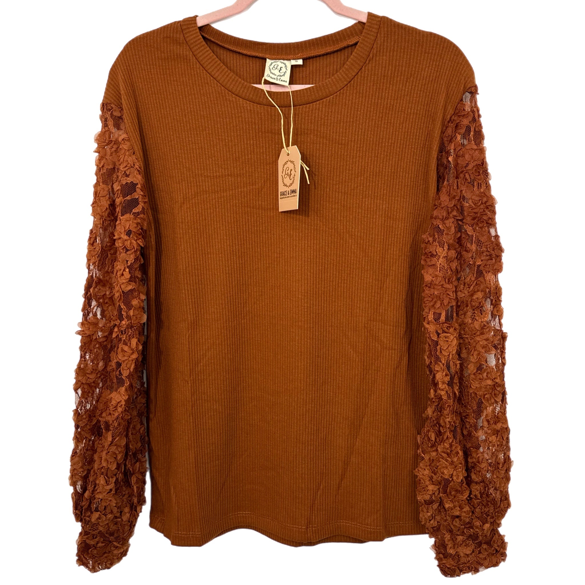 SOUTHERN GRACE Miss Perfect Rust Floral Lace Long Sleeve Blouse