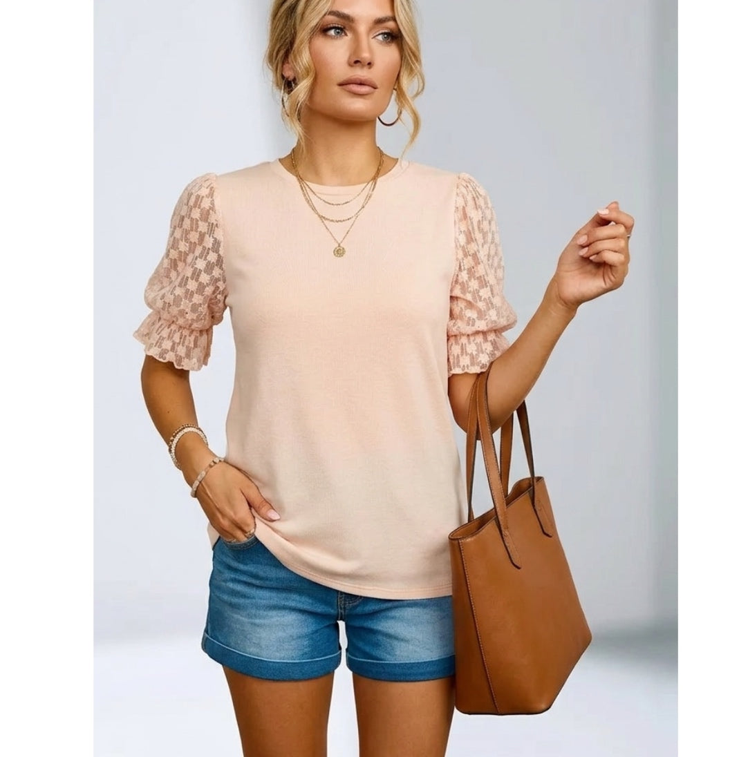 Peach French Terry Lace Sleeve Top Elegant Spring Blouse