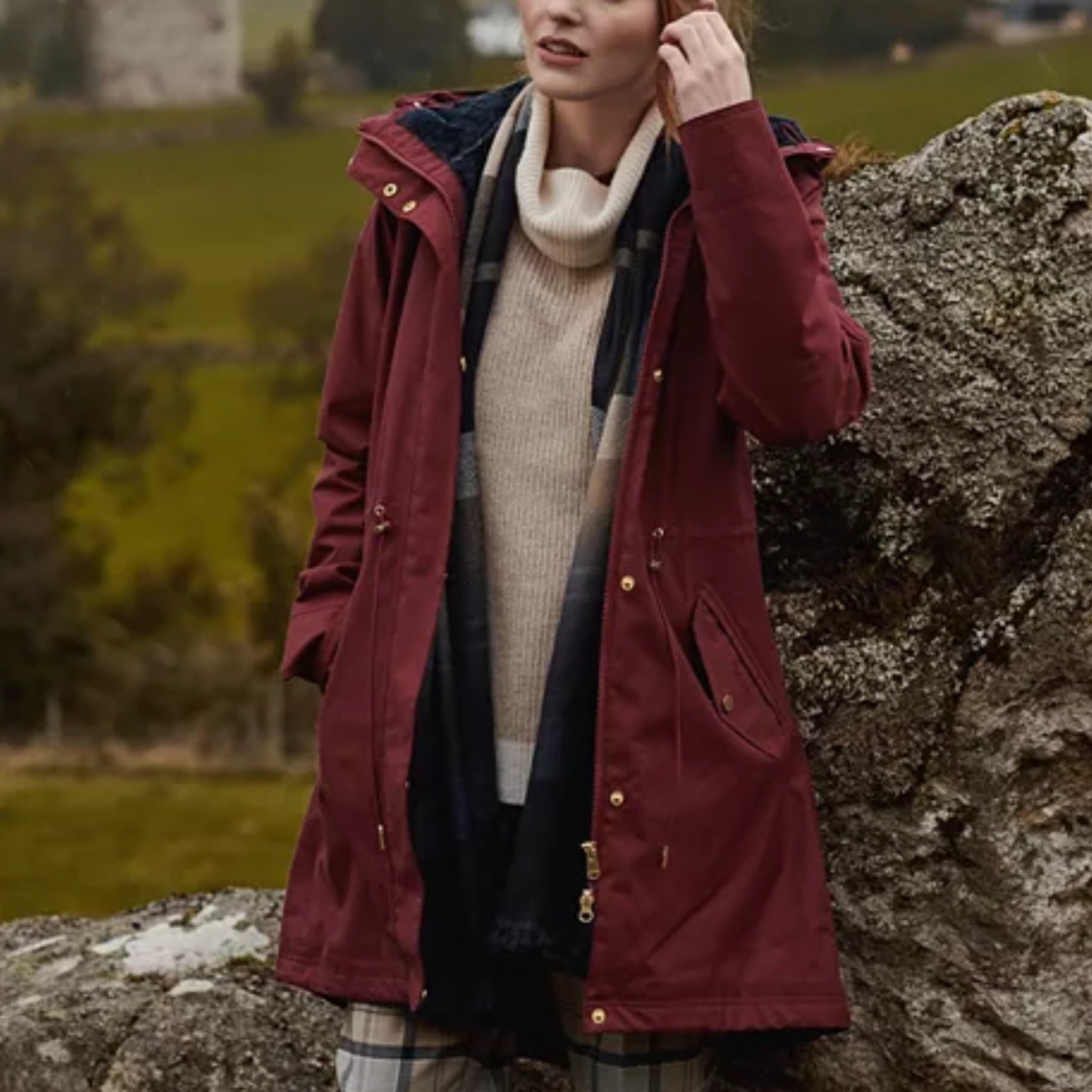 BARBOUR Roll Collar Sweater Wool Blend Ribbed in Caramel Cream