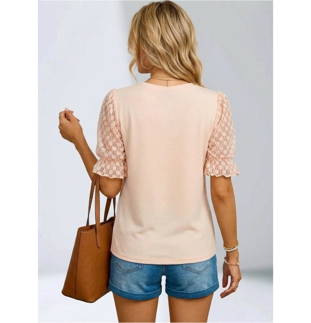 Peach French Terry Lace Sleeve Top Elegant Spring Blouse