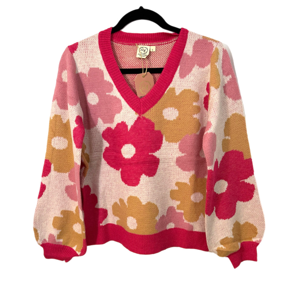 SOUTHERN GRACE Dazed For Days Floral V Neck Sweater in Pink Beige