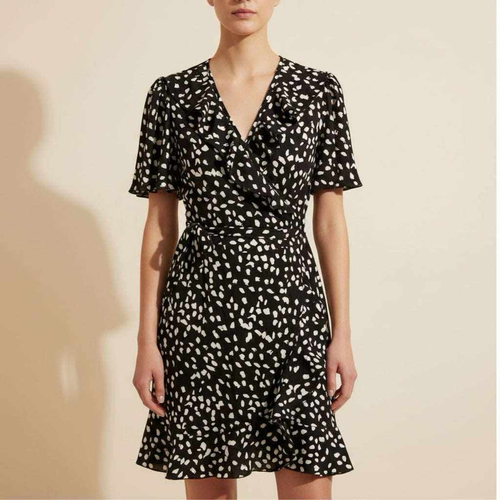 Mini Wrap Brunch Dress Black White Dot Ruffle Short Sleeve