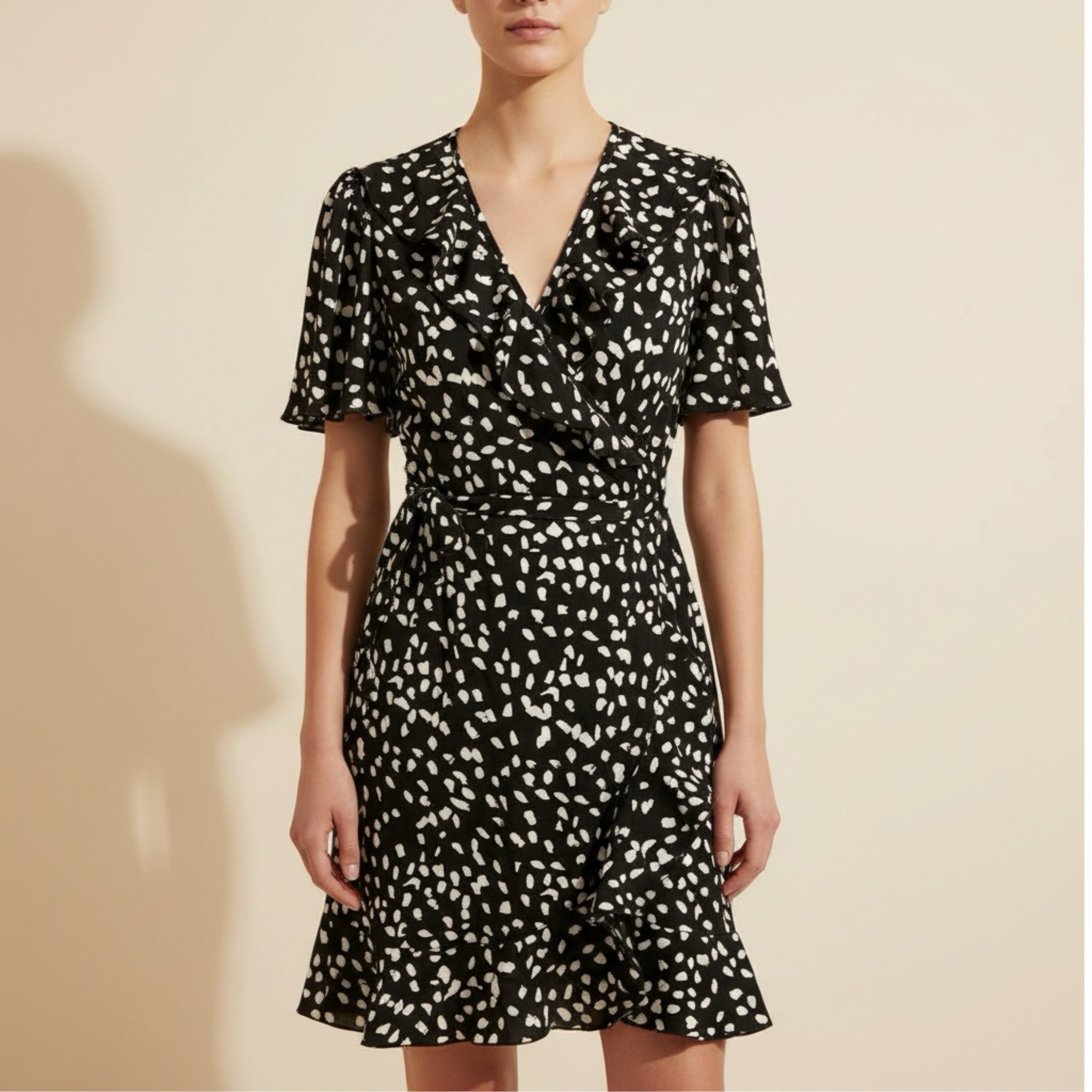 Mini Wrap Brunch Dress Black White Dot Ruffle Short Sleeve