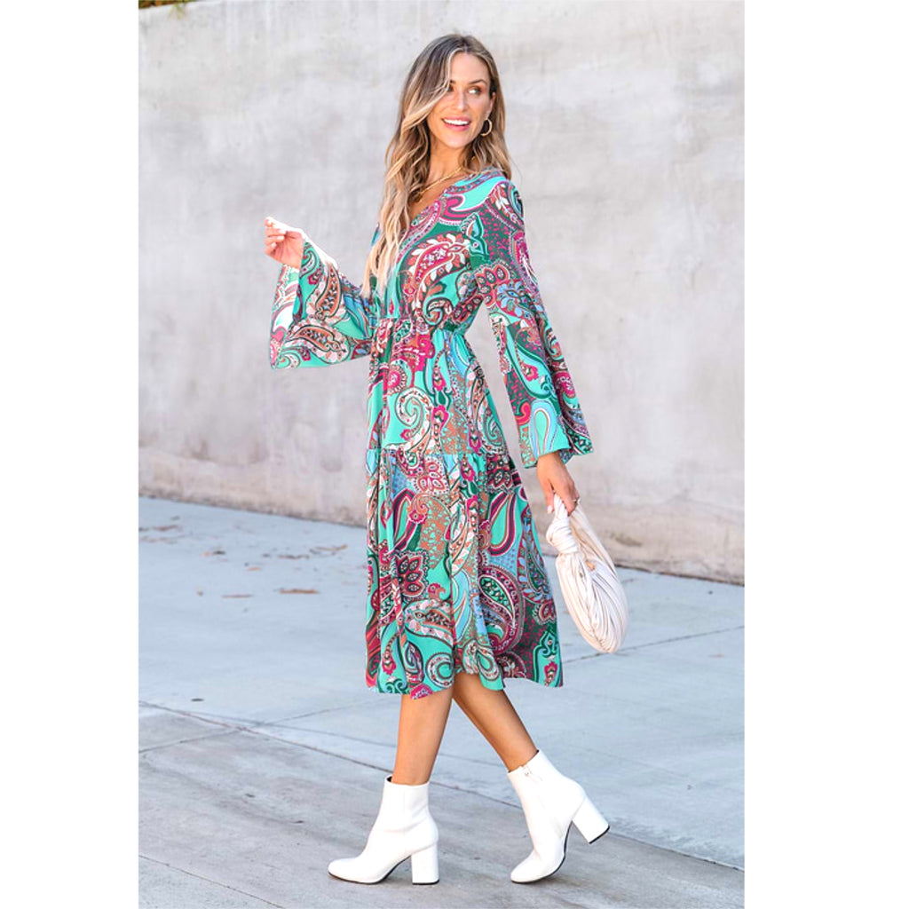 Coastal Paisley Bell Sleeve Resort Midi Dress Beach Cover Up