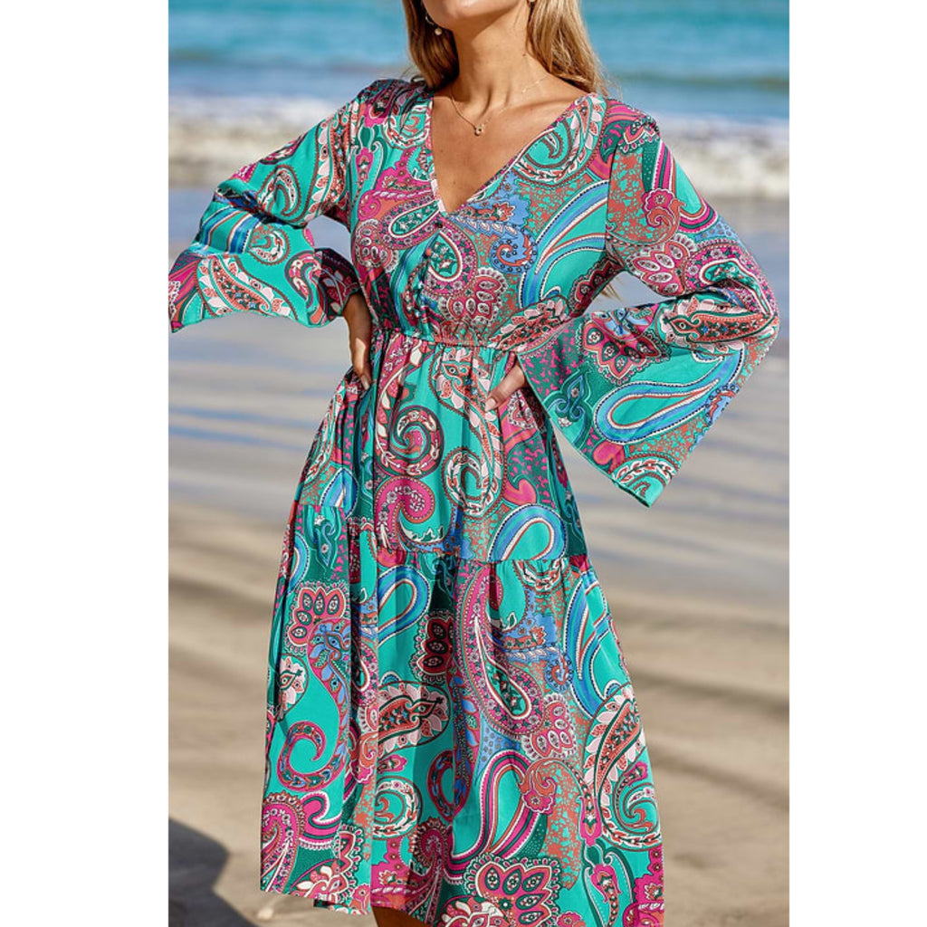 Coastal Paisley Bell Sleeve Resort Midi Dress Beach Cover Up