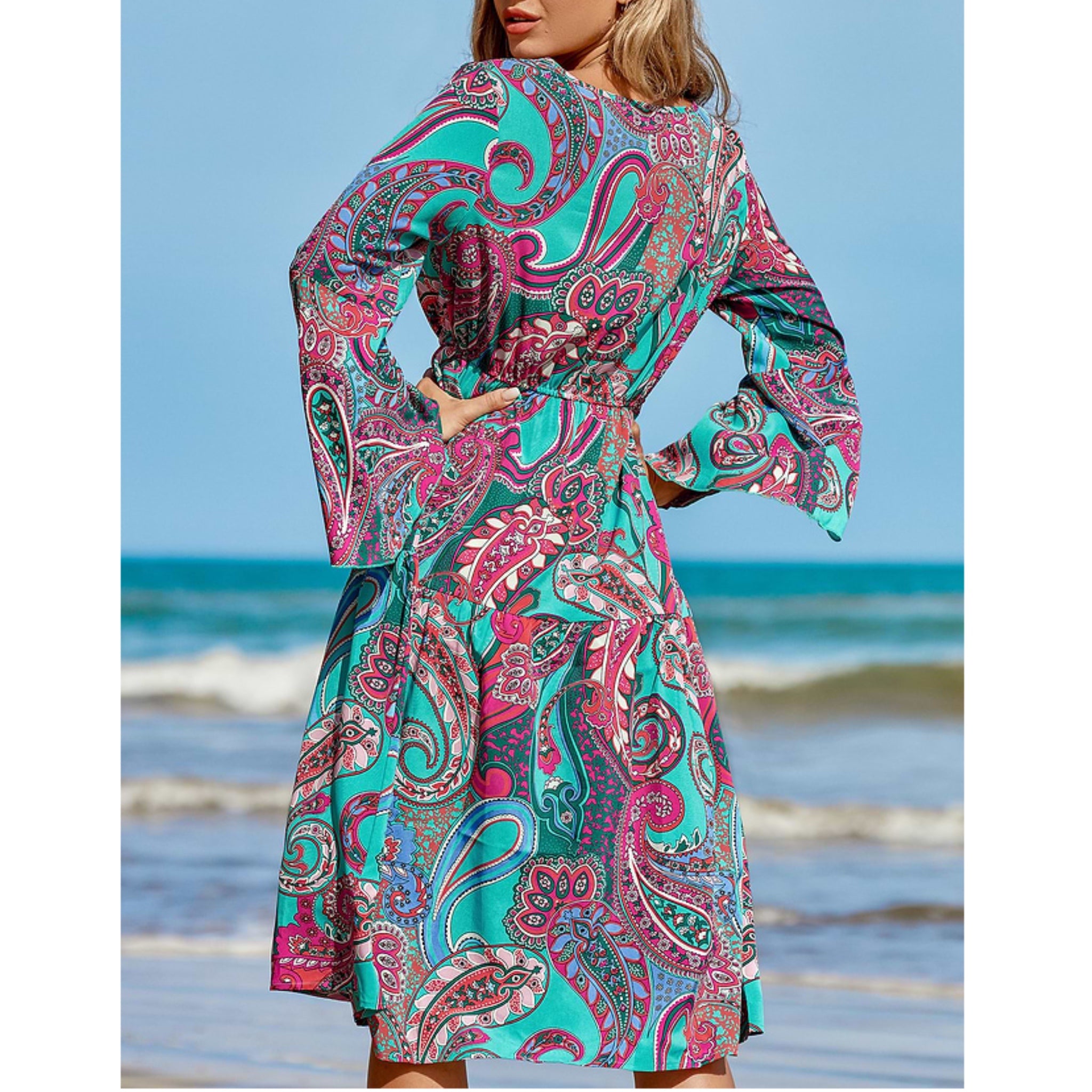 Coastal Paisley Bell Sleeve Resort Midi Dress Beach Cover Up