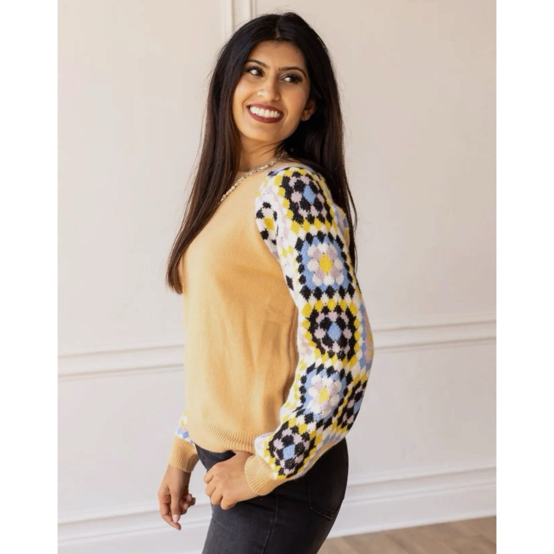 SOUTHERN GRACE Enchanting Crochet Sleeve Yellow Sweater