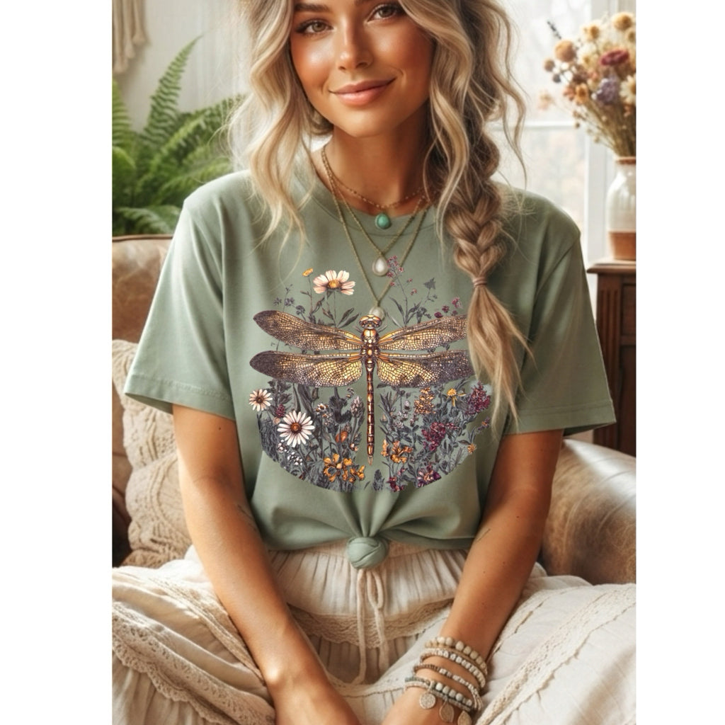 Botanical Dragonfly Graphic Oversized Tee Shirt Vintage Aesthetic Sage Green