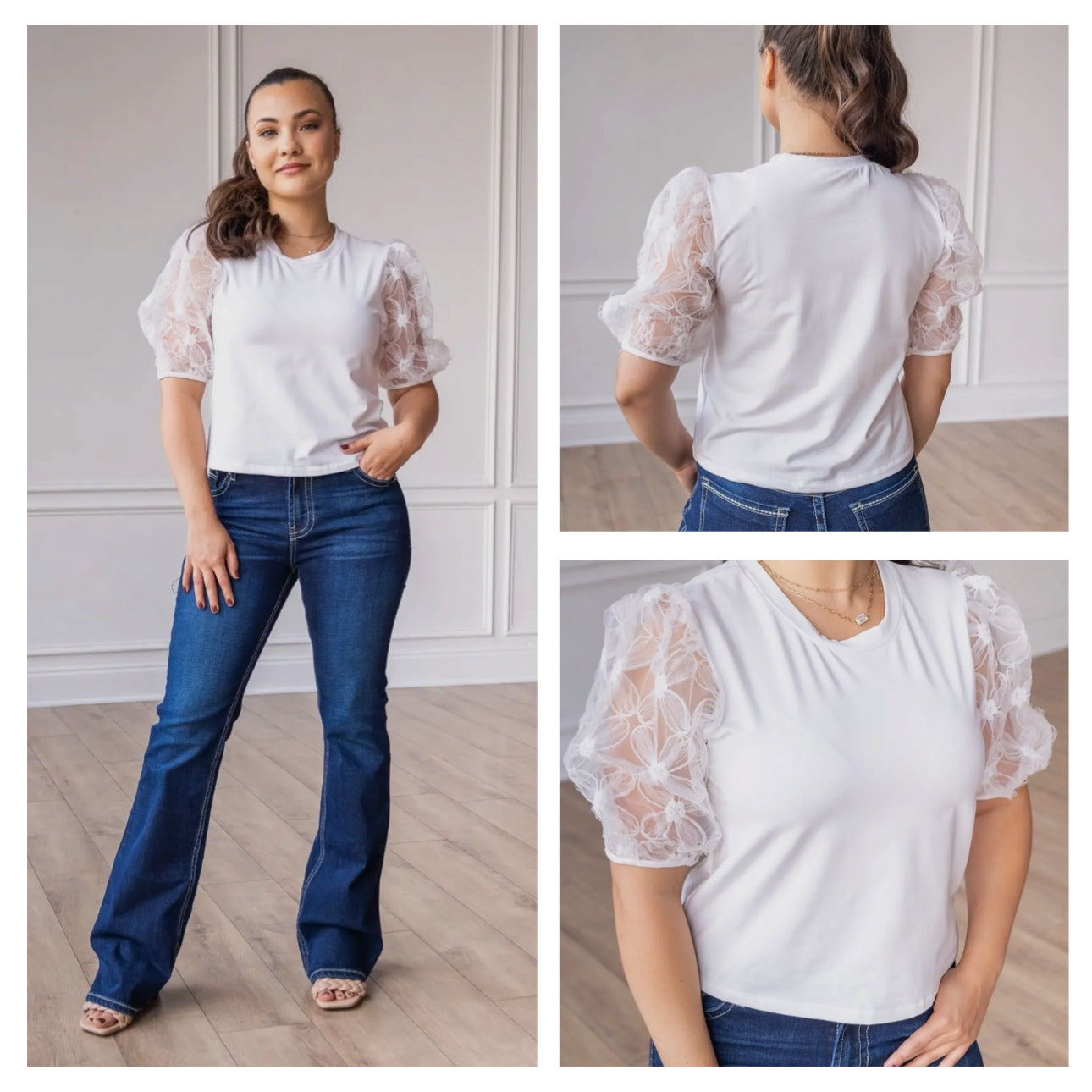 SOUTHERN GRACE White Blossoms Short Puff Sleeve Blouse