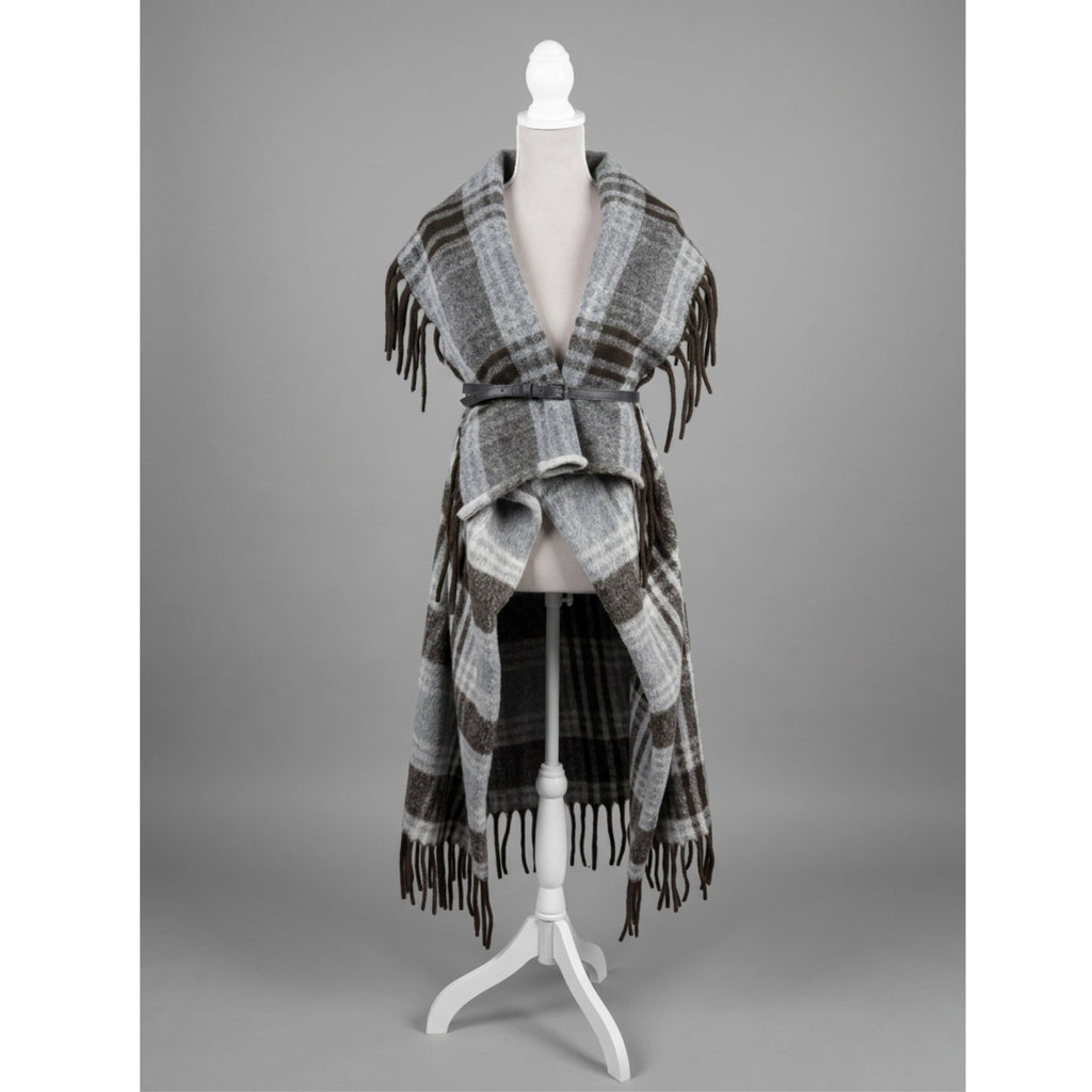 Venti6 Made in Italy Gray Plaid Wool Blend Fringe Long Vest Quiet Luxury