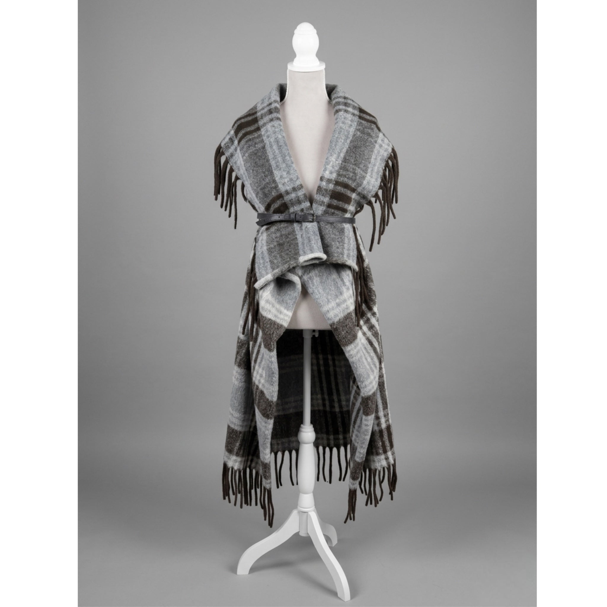 Venti6 Made in Italy Gray Plaid Wool Blend Fringe Long Vest Quiet Luxury