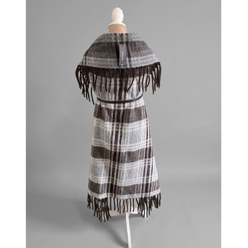 Venti6 Made in Italy Gray Plaid Wool Blend Fringe Long Vest Quiet Luxury