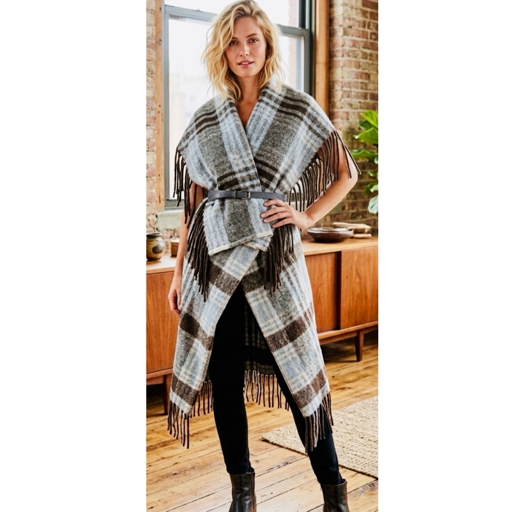 Venti6 Made in Italy Gray Plaid Wool Blend Fringe Long Vest Quiet Luxury