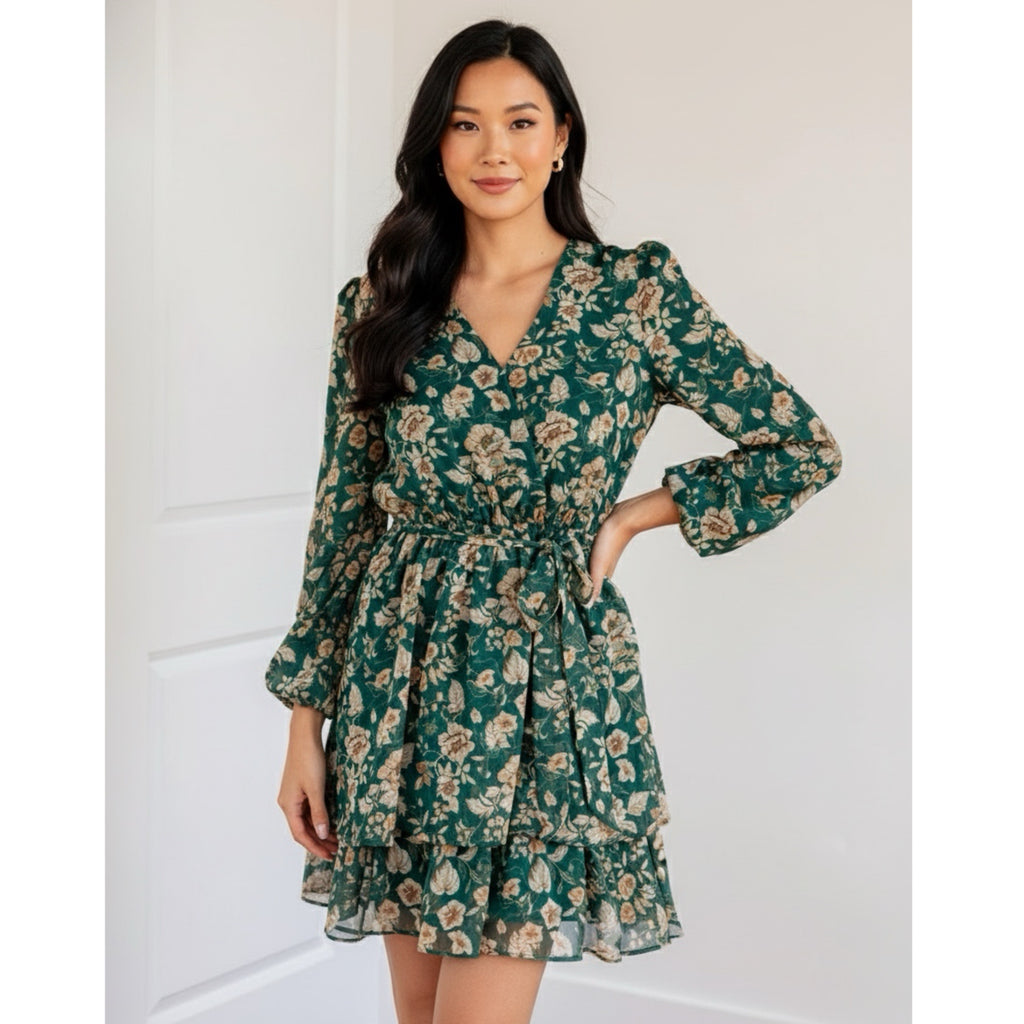 Garden Floral Print Chiffon A-Line Mini Ruffle Hem Dress Long Sleeve