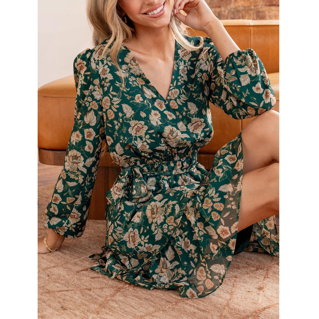 Garden Floral Print Chiffon A-Line Mini Ruffle Hem Dress Long Sleeve