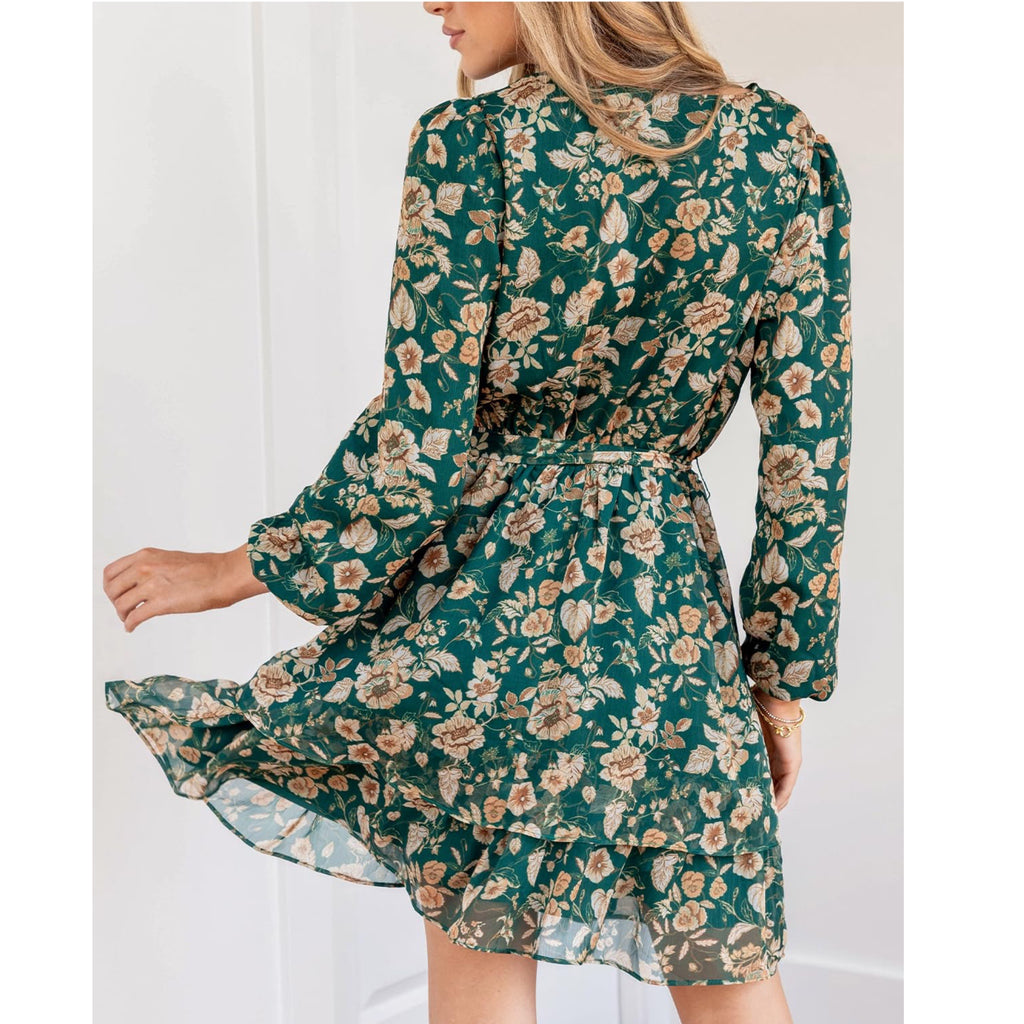Garden Floral Print Chiffon A-Line Mini Ruffle Hem Dress Long Sleeve