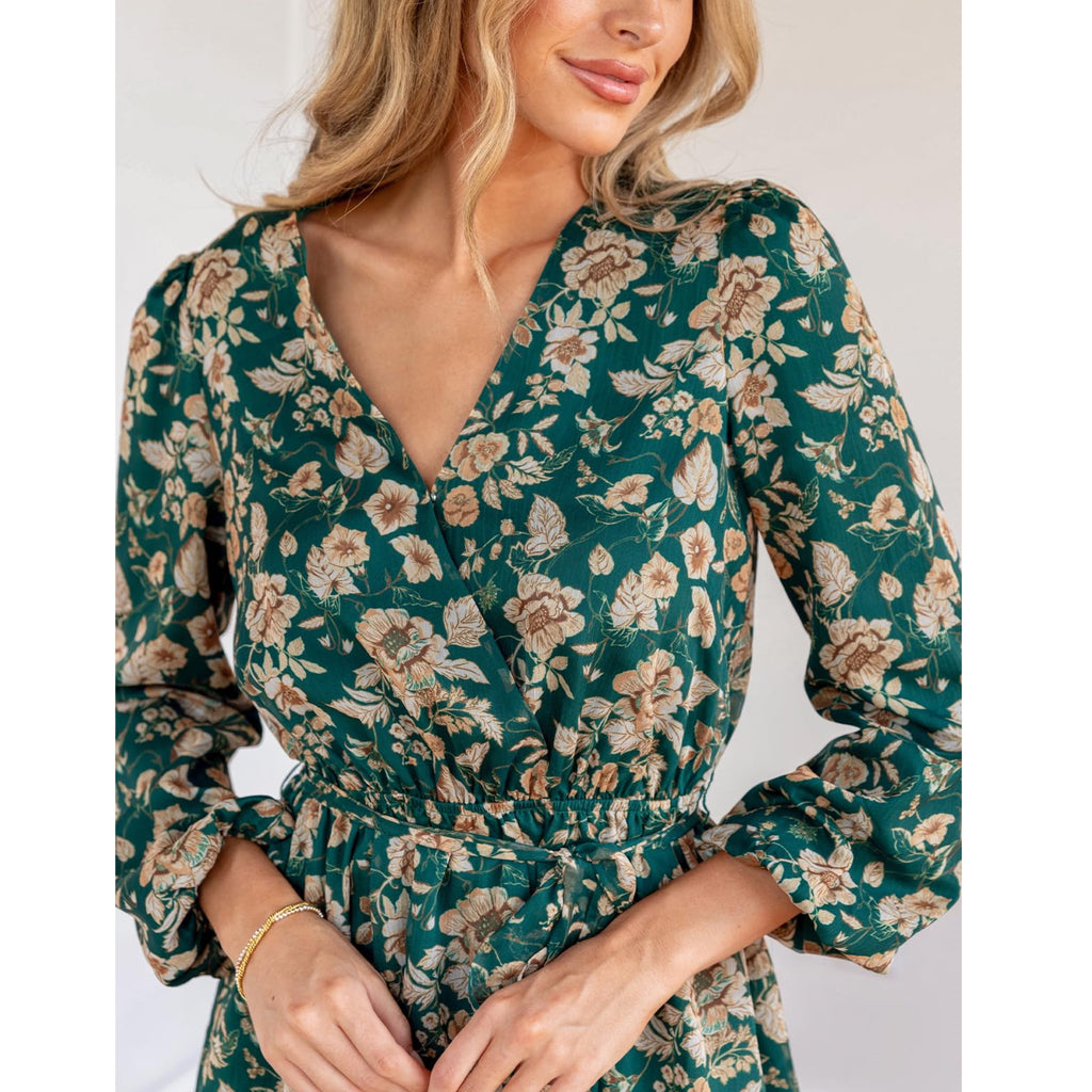 Garden Floral Print Chiffon A-Line Mini Ruffle Hem Dress Long Sleeve