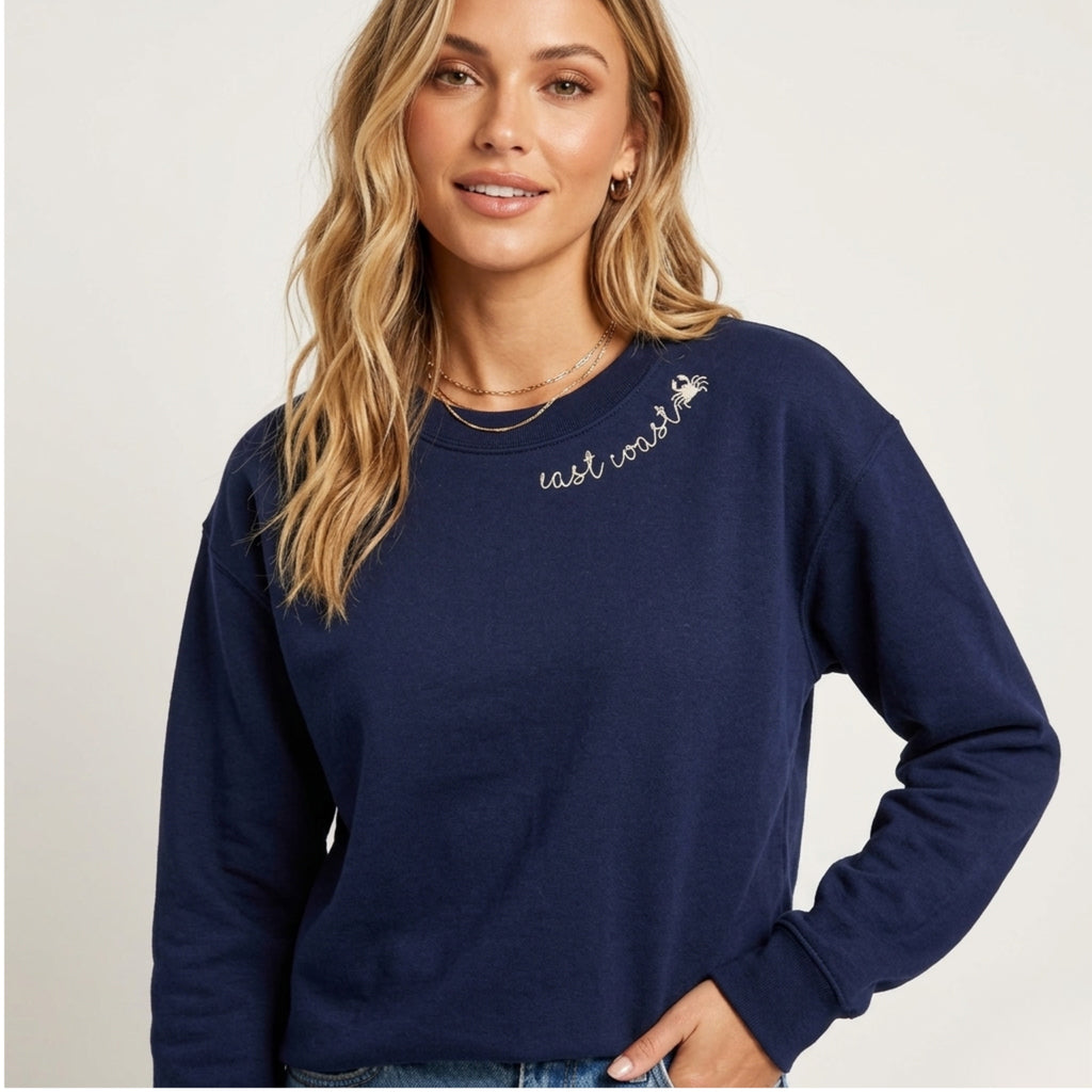 East Coast Crab Embroidered Sweatshirt Pullover Crew Classic Navy