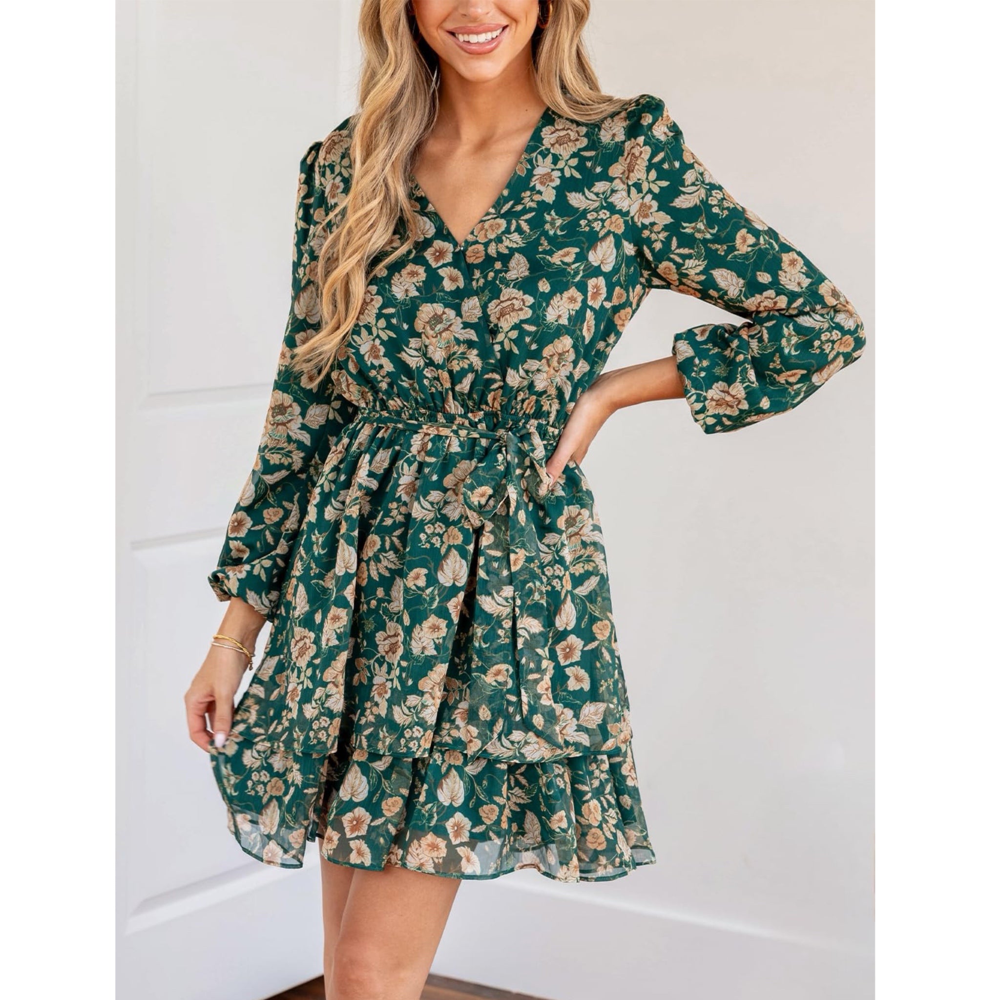 Garden Floral Print Chiffon A-Line Mini Ruffle Hem Dress Long Sleeve