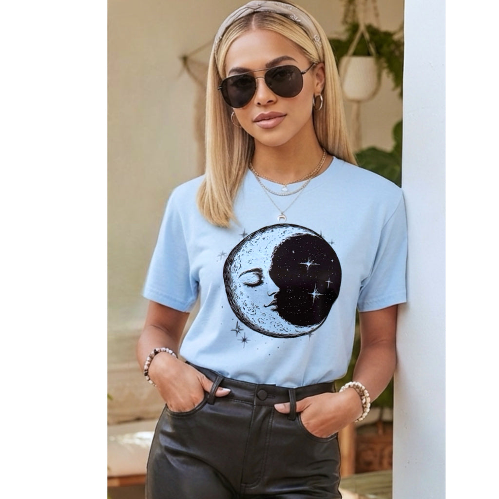 Celestial Graphic Tee Serene Moon & Stars Illustration in Light Blue