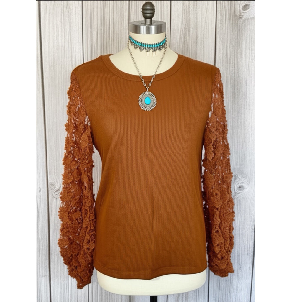 SOUTHERN GRACE Miss Perfect Rust Floral Lace Long Sleeve Blouse