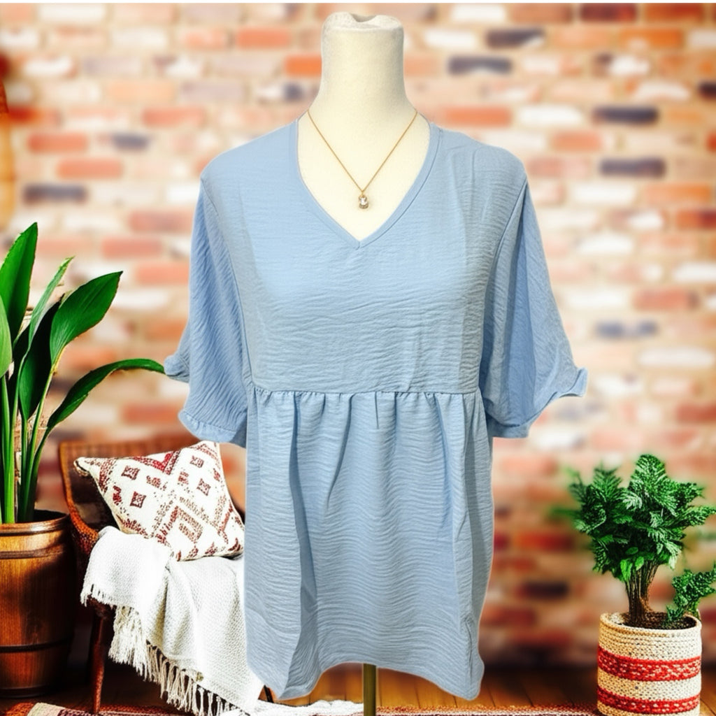 Textured Ruffle Gathered Top Short Sleeve V Neck Blouse