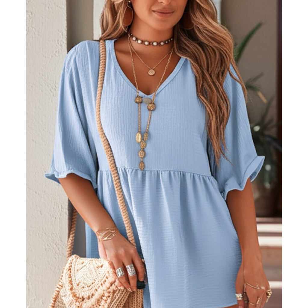 Textured Ruffle Gathered Top Short Sleeve V Neck Blouse