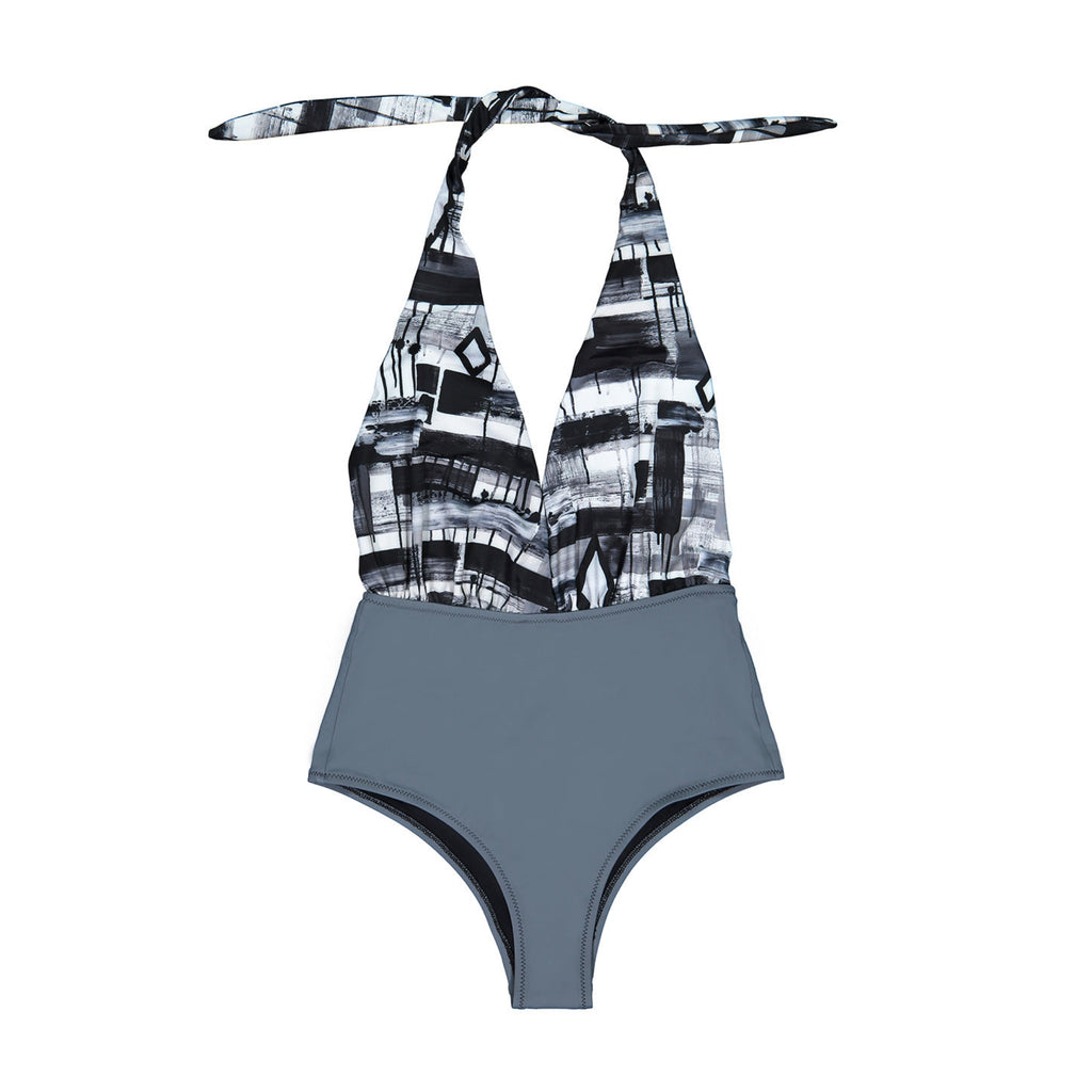 Unity the Ties Abstract Halter One-Piece Swimsuit in Gray-Black