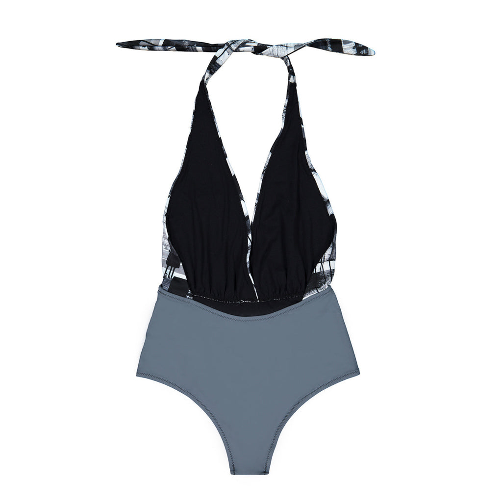 Unity the Ties Abstract Halter One-Piece Swimsuit in Gray-Black