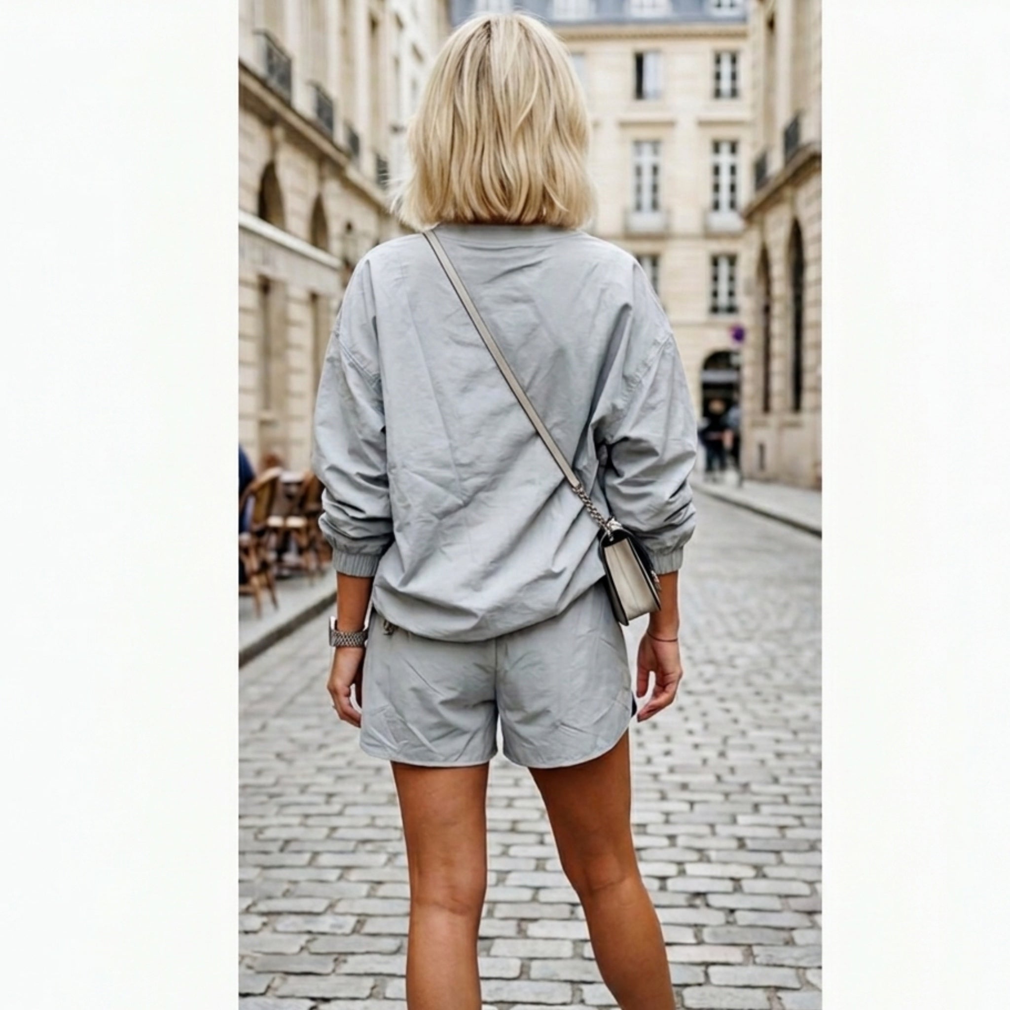 MACHERIE Two-Piece Nylon Athleisure Set Sage Gray Shorts Pullover Crew