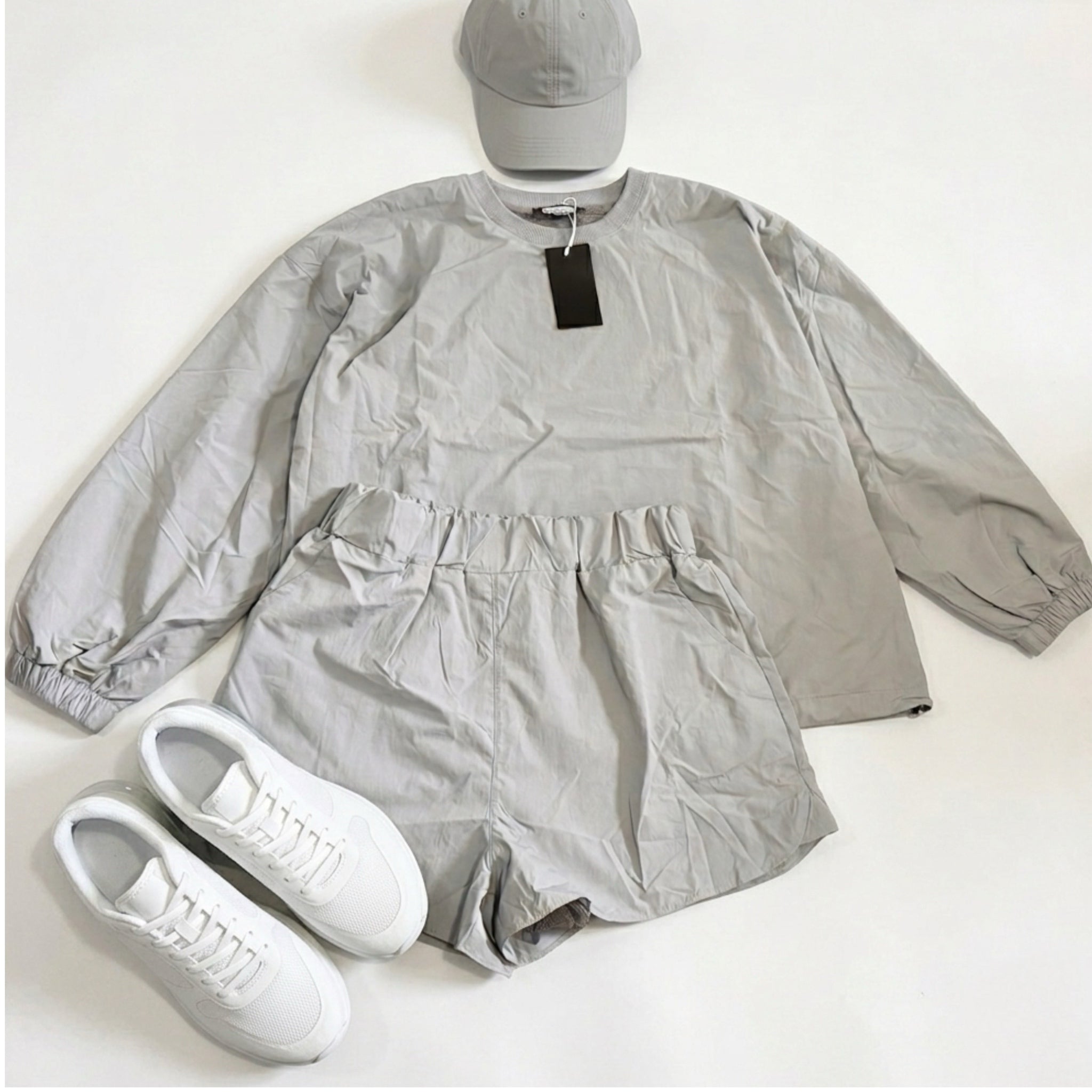 MACHERIE Two-Piece Nylon Athleisure Set Sage Gray Shorts Pullover Crew