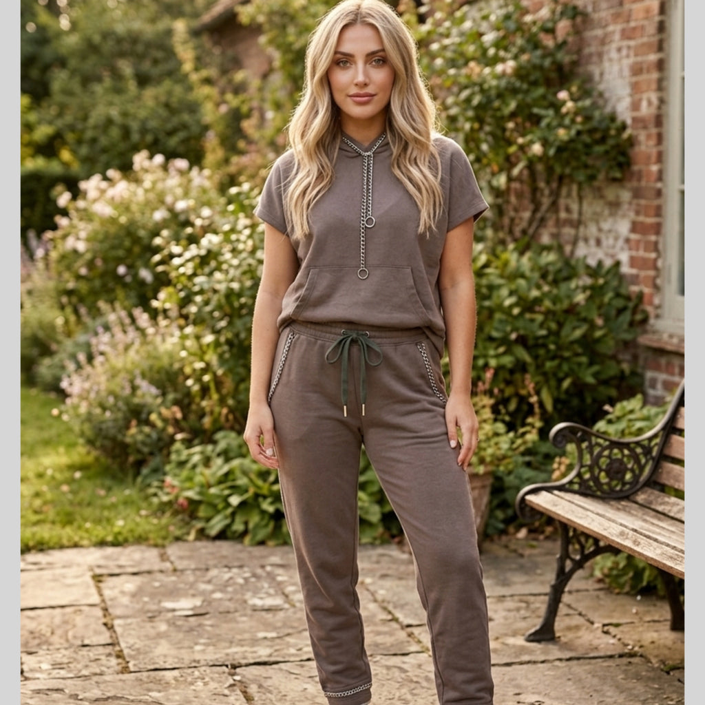 Vocal USA Lounge Set in Natural Gray/Olive Hooded Top & Pants