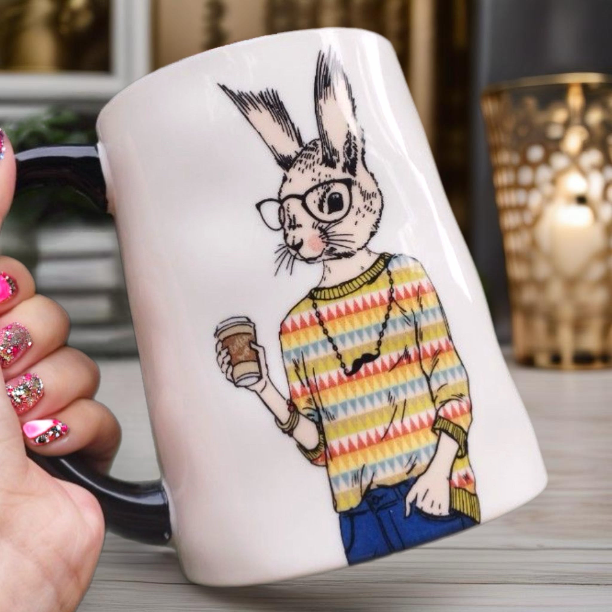 Signature Housewares Inc Hipster Ceramic Coffee Mug Bunny w/Latte