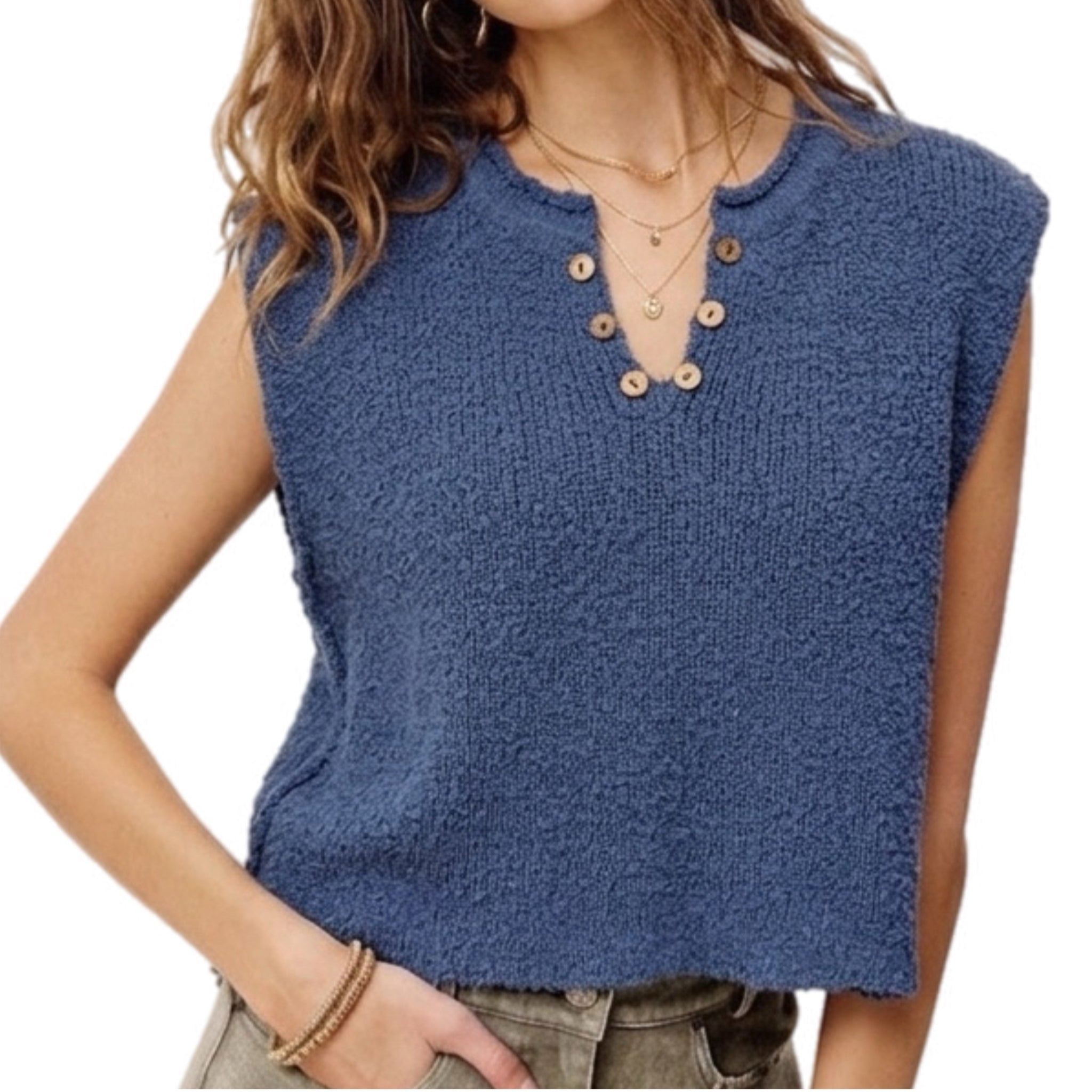 La Miel Slouchy Bouclé Knit Vest in Dusty Indigo