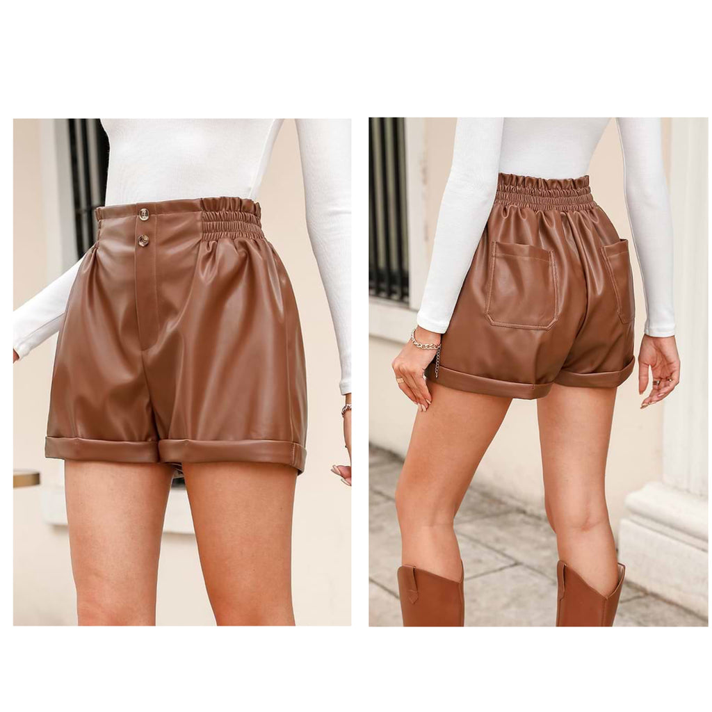 Vegan Leather Paperbag Shorts Women’s High Rise in Brown