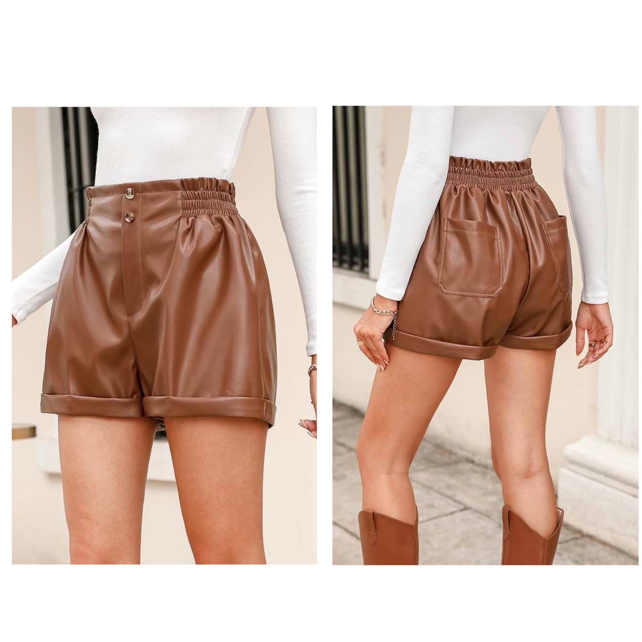 Vegan Leather Paperbag Shorts Women’s High Rise in Brown